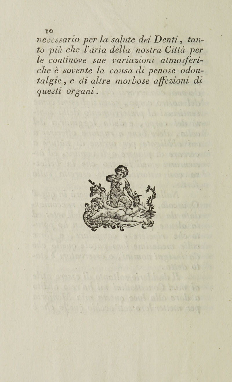 io necessario per la salute dei Denti, tan¬ to più che l'aria della nostra Città per le continove sue variazioni atmosferi¬ che è sovente la causa di penose odon¬ talgie , e di altre morbose affezioni di questi organi.