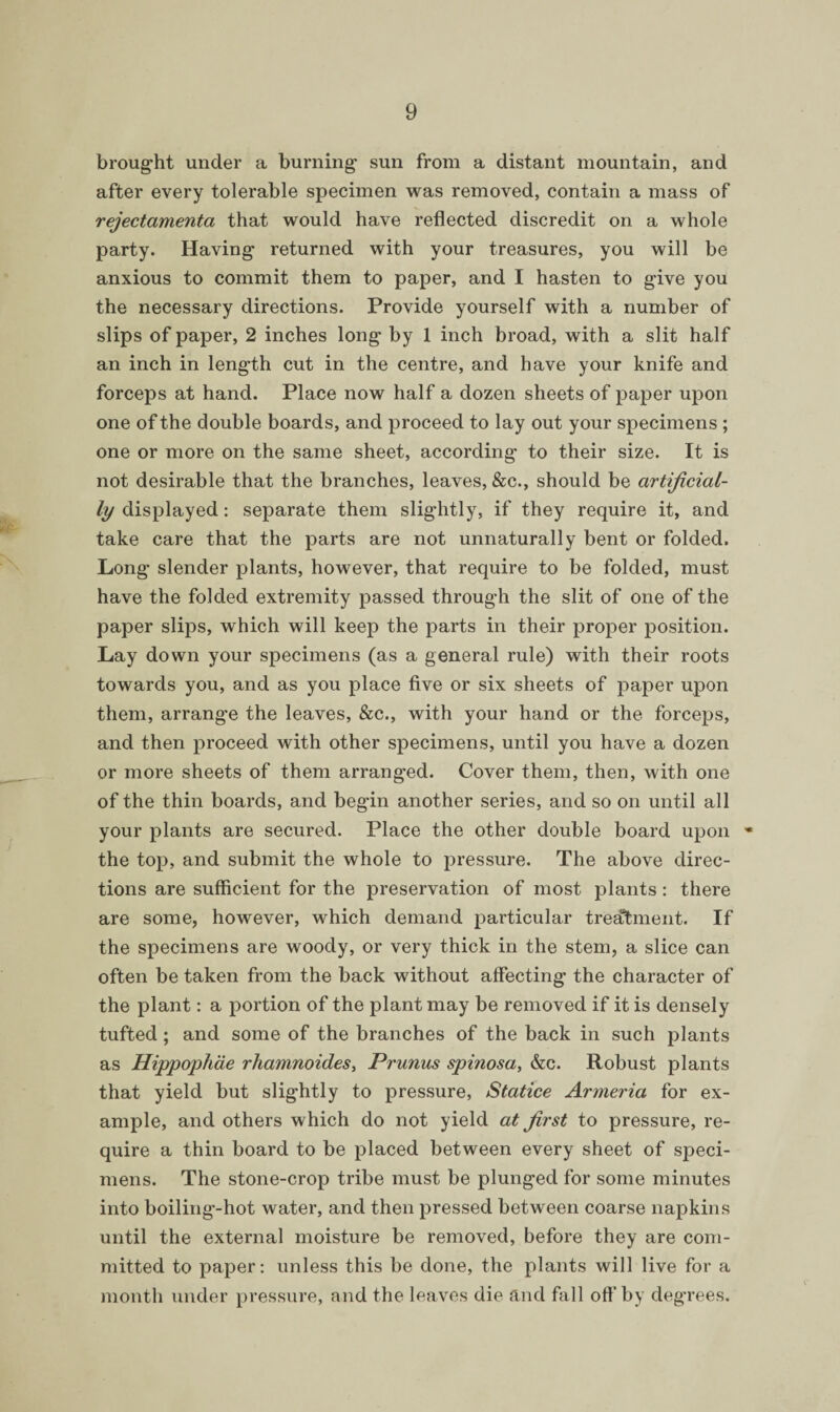 brought under a burning sun from a distant mountain, and after every tolerable specimen was removed, contain a mass of rejectamenta that would have reflected discredit on a whole party. Having returned with your treasures, you will be anxious to commit them to paper, and I hasten to give you the necessary directions. Provide yourself with a number of slips of paper, 2 inches long by 1 inch broad, with a slit half an inch in length cut in the centre, and have your knife and forceps at hand. Place now half a dozen sheets of paper upon one of the double boards, and proceed to lay out your specimens ; one or more on the same sheet, according to their size. It is not desirable that the branches, leaves, &c., should be artificial¬ ly displayed: separate them slightly, if they require it, and take care that the parts are not unnaturally bent or folded. Long slender plants, however, that require to be folded, must have the folded extremity passed through the slit of one of the paper slips, which will keep the parts in their proper position. Lay down your specimens (as a general rule) with their roots towards you, and as you place five or six sheets of paper upon them, arrang-e the leaves, &c., with your hand or the forceps, and then proceed with other specimens, until you have a dozen or more sheets of them arranged. Cover them, then, with one of the thin boards, and begin another series, and so on until all your plants are secured. Place the other double board upon « the top, and submit the whole to pressure. The above direc¬ tions are sufficient for the preservation of most plants : there are some, however, which demand particular treatment. If the specimens are woody, or very thick in the stem, a slice can often be taken from the back without affecting the character of the plant: a portion of the plant may be removed if it is densely tufted; and some of the branches of the back in such plants as Hippophde rhamnoides, Prunus spinosa, &c. Robust plants that yield but slightly to pressure, Statice Armeria for ex¬ ample, and others which do not yield at first to pressure, re¬ quire a thin board to be placed between every sheet of speci¬ mens. The stone-crop tribe must be plunged for some minutes into boiling-hot water, and then pressed between coarse napkins until the external moisture be removed, before they are com¬ mitted to paper: unless this be done, the plants will live for a month under pressure, and the leaves die and fall off by degrees.