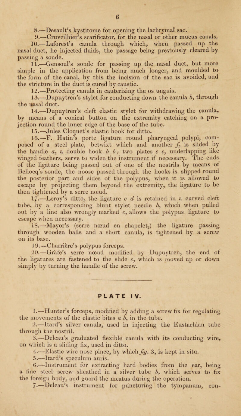 8.—Desault’s kystitome for opening the lachrymal sac. 5).—Cruveilhier’s scarificator, for the nasal or other mucus canals. 10. —Laforest’s canula through which, when passed up the nasal duct, he injected fluids, the passage being previously cleared by passing a sonde. 11. —Gensoul’s sonde for passing up the nasal duct, but more simple in the application from being much longer, and moulded to the form of the canal, by this the incision of the sac is avoided, and the stricture in the duct is cured by caustic. 12. —Protecting canula in cauterizing the os unguis. 13*.—Dupuytren’s stylet for conducting down the canula b, through the nasal duct. 14. —Dupuytren’s cleft elastic stylet for withdrawing the canula, by means of a conical button on the extremity catching on a pro¬ jection round the inner edge of the base of the tube. 15. —Jules Cloquet’s elastic hook for ditto. 1G.—F. Hat in’s porte ligature round pharyngeal polypi, com¬ posed of a steel plate, betwixt which and another /, is slided by the handle «, a double hook b b; two plates c c, underlapping like winged feathers, serve to widen the instrument if necessary. The ends of the ligature being passed out of one of the nostrils by means of Bellocq’s sonde, the noose passed through the hooks is slipped round the posterior part and sides of the polypus, when it is allowed to escape by projecting them beyond the extremity, the ligature to be then tightened by a serre nceud. 1J.—Leroy’s ditto, the ligature c d is retained in a curved cleft tube, by a corresponding blunt stylet needle b, which when pulled out by a line also wrongly marked c, allows the polypus ligature to escape when necessary. 18. —Mayor’s (serre noeud en cliapelet,) the ligature passing through wooden balls and a short canula, is tightened by a screw 011 its base. 19. —Charriere’s polypus forceps. 20. —Grade’s serre noeud modified by Dupuytren, the end of the ligatures are fastened to the slide c, which is moved up or down simply by turning the handle of the screw. PLATE IV. 1. —Hunter’s forceps, modified by adding a screw fix for regulating, the movements of the elastic bites a b, in the tube. 2. —Itard’s silver canula, used in injecting the Eustachian tube through the nostril. 3. —Deleau’s graduated flexible canula with its conducting wire, on which is a sliding fix, used in ditto. 4. —Elastic wire nose pince, by which fig. 3, is kept in situ. 5. —Itard’s speculum auris. G.—Instrument for extracting hard bodies from the ear, being a fine steel screw sheathed in a silver tube b, which serves to fix the foreign body, and guard the meatus during the operation,. 7-—Deleau’s instrument for puncturing the tympanum, con-