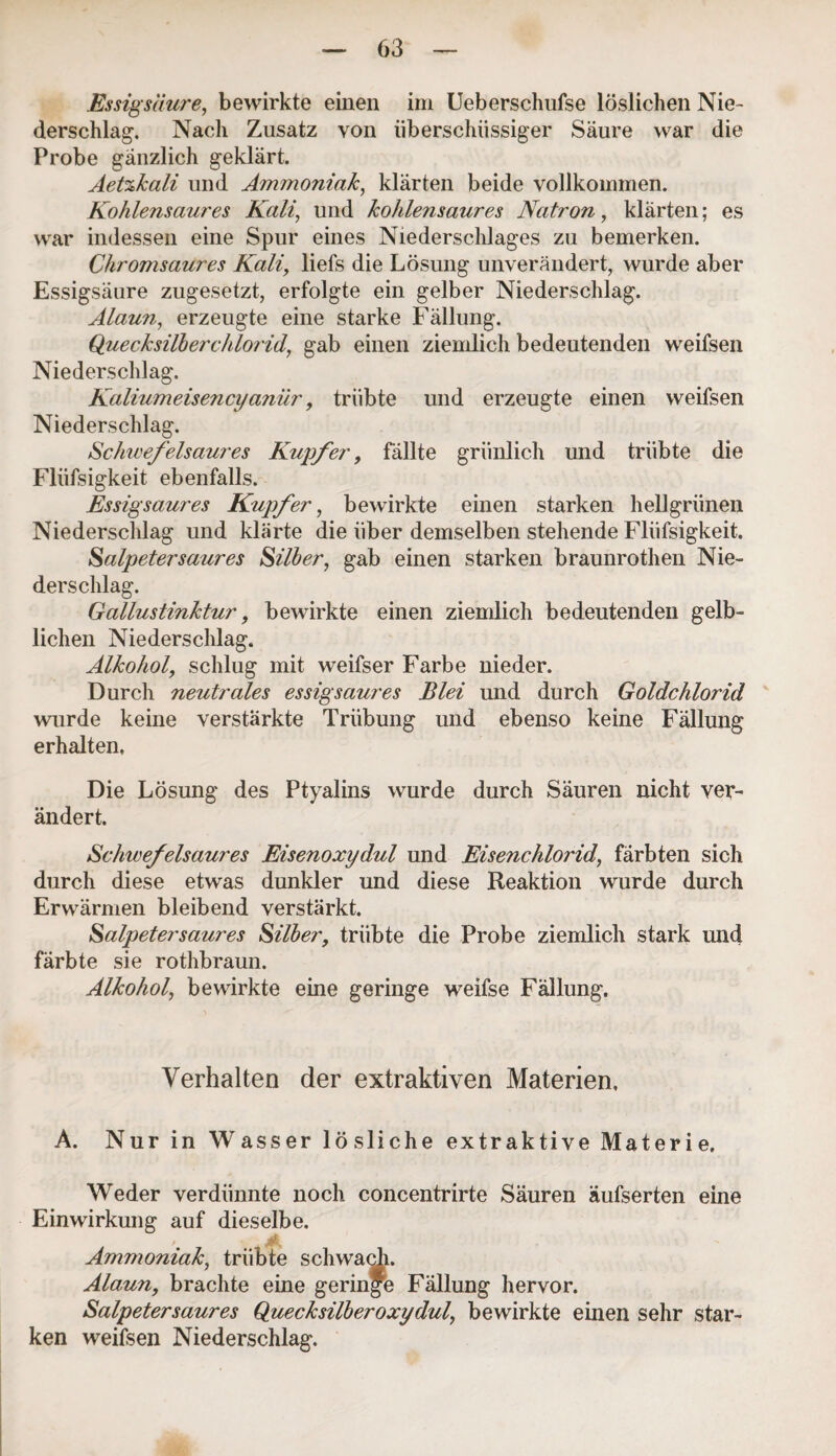 Essigsäure, bewirkte einen im Ueberschufse löslichen Nie¬ derschlag. Nach Zusatz von überschüssiger Säure war die Probe gänzlich geklärt. Aetzkali und Ammoniak, klärten beide vollkommen. Kohlensaures Kali, und kohlensaures Natron, klärten; es war indessen eine Spur eines Niederschlages zu bemerken. Chromsaures Kali, liefs die Lösung unverändert, wurde aber Essigsäure zugesetzt, erfolgte ein gelber Niederschlag. Alaun, erzeugte eine starke Fällung. Quecksilberchlorid, gab einen ziemlich bedeutenden weifsen Niederschlag. Kaliumeisencyanür, trübte und erzeugte einen weifsen Niederschlag. Schwefelsaures Kupfer, fällte grünlich und trübte die Flüfsigkeit ebenfalls. Essigsaures Kupfer, bewirkte einen starken hellgrünen Niederschlag und klärte die über demselben stehende Flüfsigkeit. Salpetersaures Silber, gab einen starken braunrothen Nie¬ derschlag. Gallustinktur, bewirkte einen ziemlich bedeutenden gelb¬ lichen Niederschlag. Alkohol, schlug mit weifser Farbe nieder. Durch neutrales essigsaures Blei und durch Goldchlorid wurde keine verstärkte Trübung und ebenso keine Fällung erhalten. Die Lösung des Ptyalins wurde durch Säuren nicht ver¬ ändert. Schwefelsaures Eisenoxydul und Eisenchlorid, färbten sich durch diese etwas dunkler und diese Reaktion wurde durch Erwärmen bleibend verstärkt. Salpeter saures Silber, trübte die Probe ziemlich stark und färbte sie rothbraun. Alkohol, bewirkte eine geringe weifse Fällung. Verhalten der extraktiven Materien, A. Nur in Wasser lösliche extraktive Materie. Weder verdünnte noch concentrirte Säuren äufserten eine Einwirkung auf dieselbe. Ammoniak, trübte schwach. Alaun, brachte eine geringe Fällung hervor. Salpeter saures Quecksilber oxydul, bewirkte einen sehr star¬ ken weifsen Niederschlag.
