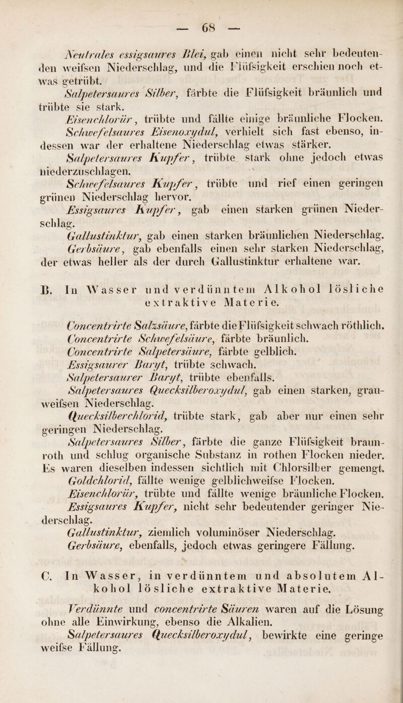 — 68 — Neutrales essigsaures Blei', gab einen nicht sehr bedeuten¬ den weifsen Niederschlag, und die Flüfsigkeit erschien noch et¬ was getrübt. Salpetersaures Silber, färbte die Flüfsigkeit bräunlich und trübte sie stark. Eisenchlorür, trübte und fällte einige bräunliche Flocken. 8c/ivjefeisaures Eisenoxydul, verhielt sich fast ebenso, in¬ dessen war der erhaltene Niederschlag etwas stärker. Salpetersaures Kupfer, trübte stark ohne jedoch etwas niederzuschlagen. Schwefelsaures Kupfer, trübte und rief einen geringen grünen Niederschlag hervor. Essigsaures Kupfer, gab einen starken grünen Nieder¬ schlag. Gallustinktur, gab einen starken bräunlichen Niederschlag. Gerbsäure, gab ebenfalls einen sehr starken Niederschlag, der etwas heller als der durch Gallustinktur erhaltene war. B» In Wasser und verdünntem Alkohol lösliche extraktive Materie. Concentrirte Salzsäure, färbte die Flüfsigkeit schwach röthlich. Concentrirte Schwefelsäure, färbte bräunlich. Concentrirte Salpetersäure, färbte gelblich. Essigsaurer Baryt, trübte schwach. Salpeter saurer Baryt, trübte ebenfalls. Salpetersaures Quecksilber oxydul', gab einen starken, grau- weifsen Niederschlag. Quecksilberchlorid, trübte stark, gab aber nur einen sehr geringen Niederschlag. Salpeter saures Silber, färbte die ganze Flüfsigkeit braun- rotli und schlug organische Substanz in rothen Flocken nieder. Es waren dieselben indessen sichtlich mit Chlorsilber gemengt. Goldchlorid, fällte wenige gelblichweifse Flocken. Eisenchlorär, trübte und fällte wenige bräunliche Flocken. Essigsaures Kupfer, nicht sehr bedeutender geringer Nie¬ derschlag. Gallustinktur, ziemlich voluminöser Niederschlag. Gerbsäure, ebenfalls, jedoch etwas geringere Fällung. C. In Wasser, in verdünntem und absolutem Al¬ kohol lösliche extraktive Materie. Verdünnte und concentrirte Säuren waren auf die Lösung ohne alle Einwirkung, ebenso die Alkalien. Salpeter saures Quecksilber oxydul, bewirkte eine geringe weifse Fällung.