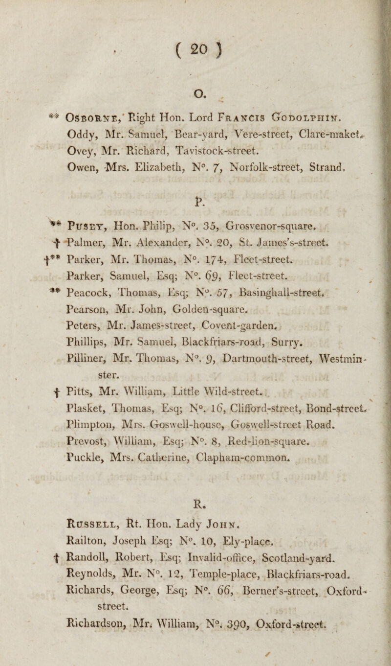 o. . ** 0sB0ii!^E,* Pvight Hon. Lord Francis Codolphin. Oddy, Mr. Samuel, Bear-yard, Vere-street, Clare-makct.^ Ovey, Mr. Richard, Tavistock-stroet. Owen, 'Mrs. Elizabeth, N°. Norfolk-street, Strand. R. pusEY, Hon. Philip, N°. 35, Grosvenor-square, ‘Palmer, Mr. Alexander, Nf. 20, St. James’s-stre.et. Parker, Mr. Thomas, N°. 174, Fleet-street. Parker, Samuel, Esq; N°. 69, Fleet-street. ** Peacock, Thomas, Esq; 57? Basinghall-street. Pearson, Mr. John, Golden-square. Peters, Mr. James-street, Covent-garden. Phillips, Mr. Samuel, Biackfriars-road, Surry. Pilliner, Mr. Thomas, N°. 9, Dartmouth-street, Westmin¬ ster. f Pitts, Mr. William, Little Wild-street. Plasket, Thomas, Esq; N°. I6', Clifford-street, Bond-strceL Plimpton, Mrs. Goswell-house, Goswell-street Road. Prcvost, William, Esq; N°. 8, Red-lipn-square. Puckle, Mrs. Catherine, Clapham-common. R. Russell, Rt. Hon. Lady John. Railton, Joseph Esq; N°. 10, Ely-place. t Randoll, Robert, Esq; Invalid-office, Scotland-yard. Reynolds, Mr. N°. 12, Temple-place, Blackfriars-road. Richards, George, Esq; N°. 66, - Berner’s-street, .Oxford- street. Richardson, Mn William, N°. 390, Oxford-street.