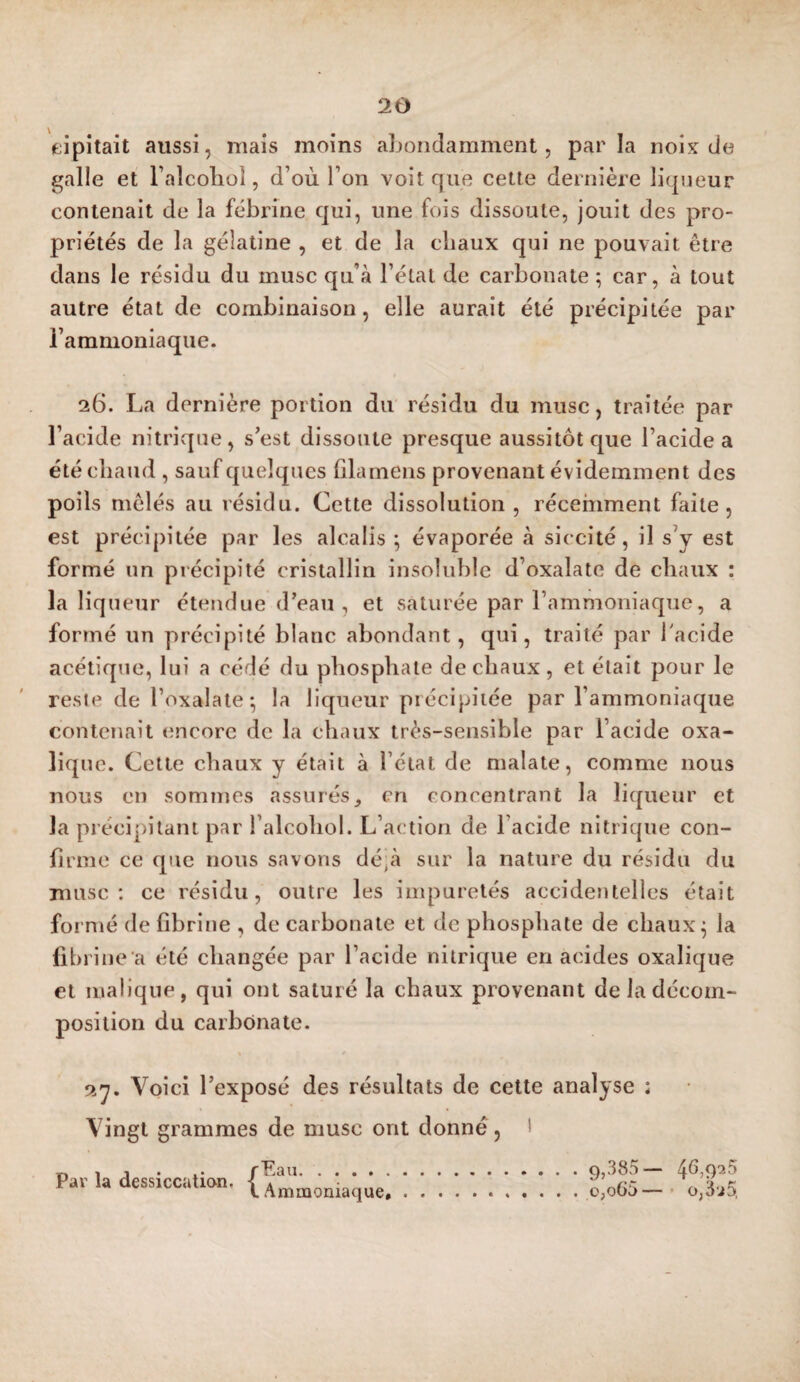 eipitait aussi, niais moins abondamment, parla noix de galle et Talcoliol, d’où l’on voit que cette dernière liqueur contenait de la fébidne qui, une fois dissoute, jouit des pro¬ priétés de la gélatine , et de la cliaux qui ne pouvait être dans le résidu du musc qu’à l’étal de carbonate ; car, à tout autre état de combinaison, elle aurait été précipitée par l’ammoniaque. 26. La dernière portion du résidu du musc, traitée par l’acide nitrique, s’est dissoute presque aussitôt que l’acide a été chaud , sauf quelques lilamens provenant évidemment des poils mêlés au résidu. Cette dissolution , récehiment faite, est précipitée par les alcalis ^ évaporée à siccité, il s’y est formé un précipité cristallin insoluble d’oxalate de chaux : la liqueur étendue d’eau , et saturée par l’ammoniaque, a formé un précipité blanc abondant, qui, traité par Tacide acétique, lui a cédé du phosphate de chaux, et était pour le reste de l’oxalate ^ la liqueur précipitée par l’ammoniaque contenait encore de la chaux très-sensible par l’acide oxa- liq ne. Cette chaux y était à l’état de malate, comme nous nous en sommes assurésen concentrant la liqueur et la précipitant par l’alcohol. L’action de l’acide nitrique con¬ firme ce que nous savons dé^à sur la nature du résidu du musc; ce résidu, outre les inq^urelés accidentelles était formé de fibrine , de carbonate et de phosphate de chaux ^ la fibrine a été changée par l’acide nitrique en acides oxalique et malique, qui ont saturé la chaux provenant de la décom¬ position du carbonate. 2^. Voici l’exposé des résultats de cette analyse : Vingt grammes de musc ont donné, i Par la dessiccation, /Eau. 1 Ammoniaque, 9,385— 46,90.5 o,o65— ' o,3i5,