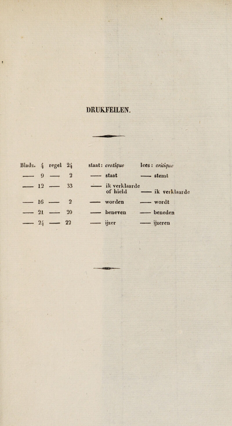 DRUKFEILEN. Bladz, 4 regel 24 staat: cretique lees : critlque -- 9 - 2 —— staat —- > ëteml _ 12 - 33 - ik verklaarde of hield —— • ik verklaarde -— 16 -- 2 - worden -- ■ wordt — 21 - 20 - beneven - beneden — 24 — 22 -- ijzer ——— ijzeren