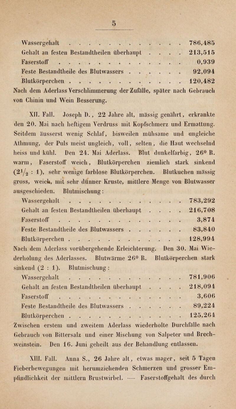Wassergehalt.. 786,485 Gehalt an festen Bestandteilen überhaupt . . . . 213,515 Faserstoff .. 0,939 Feste Bestandteile des Blutwassers. 92,094 * Blutkörperchen . . 120,482 Nach dem Aderlass Verschlimmerung der Zufälle, später nach Gebrauch von Chinin und Wein Besserung. XII. Fall. Joseph D., 22 Jahre alt, mässig genährt, erkrankte den 20. Mai nach heftigem Verdruss mit Kopfschmerz und Ermattung. Seitdem äusserst wenig Schlaf, bisweilen mühsame und ungleiche Atmung, der Puls meist ungleich, voll, selten, die Haut wechselnd heiss und kühl. Ben 24. Mai Aderlass. Blut dunkelfarbig, 26° B. warm, Faserstoff weich, Blutkörperchen ziemlich stark sinkend (2!/2 : 1), sehr wenige farblose Blutkörperchen. Blutkuchen mässig gross, weick, mit sehr dünner Kruste, mittlere Menge von Blutwasser ausgeschieden. Blutmischung: Wassergehalt. 783,292 Gehalt an festen Bestandteilen überhaupt .... 216,708 Faserstoff. 3,874 Feste Bestandteile des Blutwassers. 83,840 Blutkörperchen. 128,994 Nach dem Aderlass vorübergehende Erleichterung. Den 30. Mai Wie¬ derholung des Aderlasses. Blutwärme 26° R. Blutkörperchen stark sinkend (2 : 1). Blutmischung: Wassergehalt. 781,906 Gehalt an festen Bestandteilen überhaupt .... 218,094 Faserstoff. 3,606 Feste Bestandteile des Blutwassers. 89,224 Blutkörperchen. 125,264 Zwischen erstem und zweitem Aderlass wiederholte Durchfälle nach Gebrauch von Bittersalz und einer Mischung von Salpeter und Brech¬ weinslein. Den 16. Juni geheilt aus der Behandlung entlassen. XIII. Fall. Anna S., 26 Jahre alt, etwas mager, seit 5 Tagen Fieberbewegungeii mit herumziehenden Schmerzen und grosser Em¬ pfindlichkeit der miltlern Brustwirbel. — Faserstoffgehalt des durch