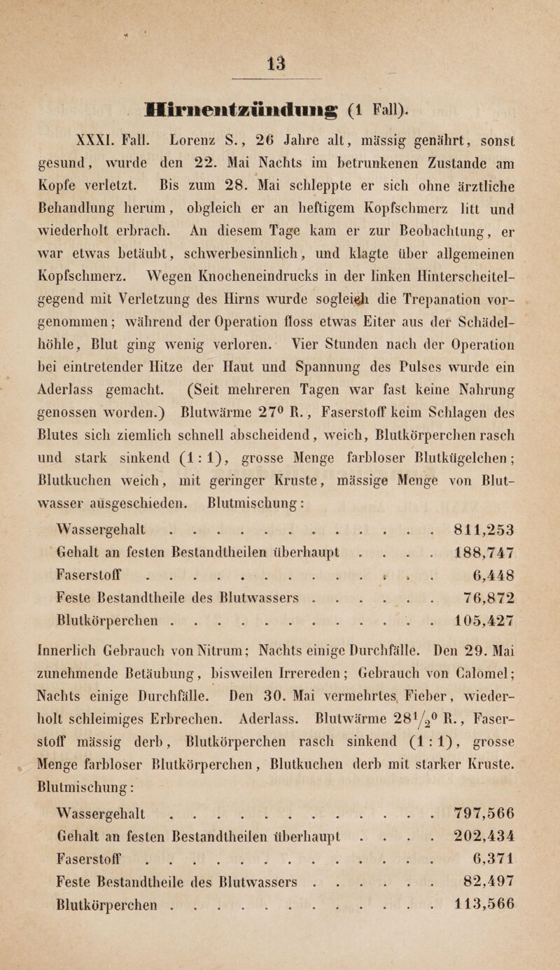 Hfriientzünduiig (l Fall), XXXI. Fall. Lorenz S., 26 Jahre alt, massig genährt, sonst gesund, wurde den 22. Mai Nachts im betrunkenen Zustande am Kopfe verletzt. Bis zum 28. Mai schleppte er sich ohne ärztliche Behandlung herum, obgleich er an heftigem Kopfschmerz litt und wiederholt erbrach. An diesem Tage kam er zur Beobachtung, er war etwas betäubt, schwerbesinnlich, und klagte über allgemeinen Kopfschmerz. Wegen Knocheneindrucks in der linken Hinterscheitel¬ gegend mit Verletzung des Hirns wurde sogleich die Trepanation vor¬ genommen ; während der Operation floss etwas Eiter aus der Schädel¬ höhle, Blut ging wenig verloren. Vier Stunden nach der Operation hei einlretender Hitze der Haut und Spannung des Pulses wurde ein Aderlass gemacht. (Seit mehreren Tagen war fast keine Nahrung genossen worden.) Blutwärme 27° B., Faserstoff* keim Schlagen des Blutes sich ziemlich schnell abscheidend, weich, Blutkörperchen rasch und stark sinkend (1:1). grosse Menge farbloser Blutkügelchen; Blutkuchen weich, mit geringer Kruste, mässige Menge von Blut¬ wasser ausgeschieden. Blutmischung: Wassergehalt..811,253 Gehalt an festen Bestandtheilen überhaupt .... 188,747 Faserstoff*.* 4 . 6,448 Feste Bestandtheile des Blutwassers. 76,872 Blutkörperchen. 105,427 Innerlich Gebrauch von Nitrum; Nachts einige Durchfälle. Den 29. Mai zunehmende Betäubung, bisweilen Irrereden; Gebrauch von Calomel; Nachts einige Durchfälle. Den 30. Mai vermehrtes Fieber, wieder¬ holt schleimiges Erbrechen. Aderlass. Blutwärme 28(4° B., Faser¬ stoff* mässig derb, Blutkörperchen rasch sinkend (1:1), grosse Menge farbloser Blutkörperchen, Blutkuchen derb mit starker Kruste. Blutmischung: Wassergehalt. 797,566 Gehalt an festen Bestandtheilen überhaupt .... 202,434 Faserstoff*. 6,371 Feste Bestandtheile des Blutwassers. 82,497 Blutkörperchen.113,566