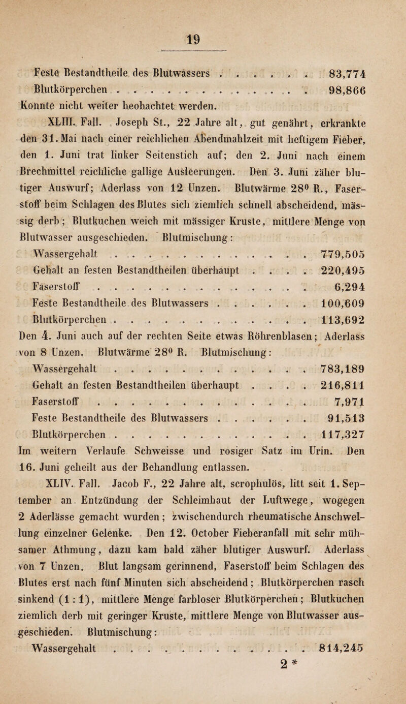 Feste Bestandteile des Blutwassers .. 83,774 Blutkörperchen . .... 98,866 Konnte nicht weiter beobachtet werden. XLIII. Fall. Joseph St., 22 Jahre alt, gut genährt, erkrankte den 31. Mai nach einer reichlichen Abendmahlzeit mit heftigem Fieber, den 1. Juni trat linker Seitenstich auf; den 2. Juni nach einem Brechmittel reichliche gallige Ausleerungen. Den 3. Juni zäher blu¬ tiger Auswurf; Aderlass von 12 Unzen. Blutwärme 28° R., Faser¬ stoff beim Schlagen des Blutes sich ziemlich schnell abscheidend, mas¬ sig derb; Blutkuchen weich mit massiger Kruste, mittlere Menge von Blutwasser ausgeschieden. Blutmischung: Wassergehalt .. 779,505 Gehalt an festen Bestandtheilen überhaupt .... 220,495 Faserstoff .. 6,294 Feste Bestandteile des Blutwassers. 100,609 Blutkörperchen .. 113,692 Den 4. Juni auch auf der rechten Seite etwas Röhrenblasen; Aderlass von 8 Unzen. Blutwärme 28° R. Blutmischung: Wassergehalt. 783,189 Gehalt an festen Bestandtheilen überhaupt .... 216,811 Faserstoff. 7,971 Feste Bestandteile des Blutwassers.91,513 Blutkörperchen.117,327 Im weitern Verlaufe Schweisse und rosiger Satz im Urin. Den 16. Juni geheilt aus der Behandlung entlassen. XLIV. Fall. Jacob F., 22 Jahre alt, scrophulös, litt seit 1. Sep¬ tember an Entzündung der Schleimhaut der Luftwege, wogegen 2 Aderlässe gemacht wurden; zwischendurch rheumatische Anschwel¬ lung einzelner Gelenke. Den 12. Octoher Fieberanfall mit sehr müh¬ samer Atmung, dazu kam bald zäher blutiger Auswurf. Aderlass von 7 Unzen. Blut langsam gerinnend, Faserstoff beim Schlagen des Blutes erst nach fünf Minuten sich abscheidend; Blutkörperchen rasch sinkend (1:1), mittlere Menge farbloser Blutkörperchen; Blutkuchen ziemlich derb mit geringer Kruste, mittlere Menge von Blutwasser aus¬ geschieden. Blutmischung: Wassergehalt ..814,245 2 *