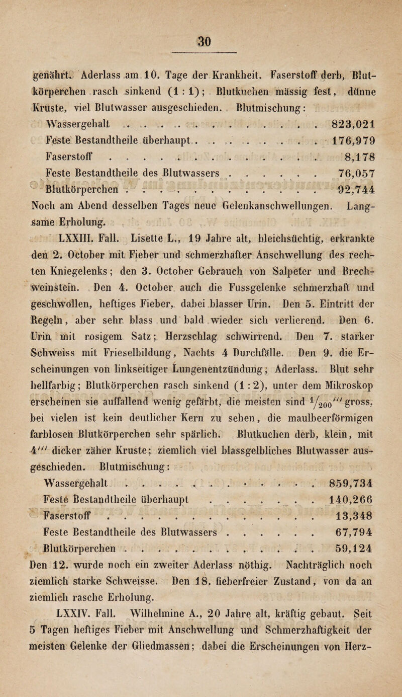 genährt. Aderlass am 10. Tage der Krankheit. Faserstoff derb, Blut¬ körperchen rasch sinkend (1:1); Blutkuchen massig fest, dünne Kruste, viel Blutwasser ausgeschieden. Blutmischung: Wassergehalt . . .. 823,021 Feste Bestandteile überhaupt . . ... 176,979 Faserstoff .. 8,178 Feste Bestandteile des Blutwassers ...... 76,057 » Blutkörperchen .. . 92,744 Noch am Abend desselben Tages neue Gelenkanschwellungen. Lang¬ same Erholung. LXXIII. Fall. Lisette L., 19 Jahre alt, bleichsüchtig, erkrankte den 2. October mit Fieber und schmerzhafter Anschwellung des rech¬ ten Kniegelenks; den 3. October Gebrauch von Salpeter und Brech¬ weinstein. Den 4. October auch die Fussgelenke schmerzhaft und geschwollen, heftiges Fieber, dabei blasser Urin. Den 5. Eintritt der Kegeln, aber sehr blass und bald wieder sich verlierend. Den 6. Urin mit rosigem Satz; Herzschlag schwirrend. Den 7. starker Schweiss mit Frieseibildung, Nachts 4 Durchfälle. Den 9. die Er¬ scheinungen von linkseitiger Lungenentzündung, Aderlass. Blut sehr hellfarbig; Blutkörperchen rasch sinkend (1:2), unter dem Mikroskop erscheinen sie auffallend wenig gefärbt, die meisten sind 1/200///gross, bei vielen ist kein deutlicher Kern zu sehen, die maulbeerförmigen farblosen Blutkörperchen sehr spärlich. Blutkuchen derb, klein, mit 4' dicker zäher Kruste; ziemlich viel blassgelbliches Blutwasser aus¬ geschieden. Blutmischung: Wassergehalt 859,734 Feste Bestandtheile überhaupt. 140,266 Faserstoff ... . . . . 13,348 Feste Bestandtheile des Blutwassers .. 67,794 Blutkörperchen.. 59,124 Den 12. wurde noch ein zweiter Aderlass nöthig. Nachträglich noch ziemlich starke Schweisse. Den 18. fieberfreier Zustand, von da an ziemlich rasche Erholung. LXXIV. Fall. Wilhelmine A., 20 Jahre alt, kräftig gebaut. Seit 5 Tagen heftiges Fieber mit Anschwellung und Schmerzhaftigkeit der meisten Gelenke der Gliedmassen; dabei die Erscheinungen von Herz-