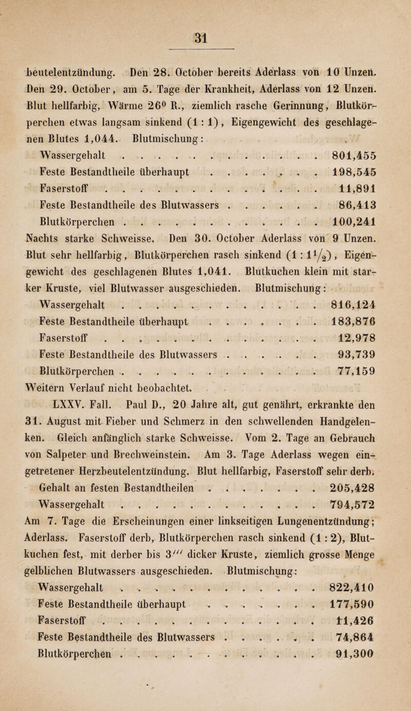 beutelentzündung. Den 28. October bereits Aderlass von 10 Unzen. Den 29. October, am 5. Tage der Krankheit, Aderlass von 12 Unzen. Blut hellfarbig, Wärme 26° R., ziemlich rasche Gerinnung, Blutkör¬ perchen etwas langsam sinkend (1: 1), Eigengewicht des geschlage¬ nen Blutes 1,044. Blutmischung: Wassergehalt. 801,455 Feste Bestandteile überhaupt. 198,545 Faserstoff ............. 11,891 Feste Bestandteile des Blutwassers.86,413 Blutkörperchen. 100,241 Nachts starke Schweisse. Den 30. October Aderlass von 9 Unzen. Blut sehr hellfarbig, Blutkörperchen rasch sinkend (1 : l1/^), Eigen¬ gewicht des geschlagenen Blutes 1,041. Blutkuchen klein mit star¬ ker Kruste, viel Blutwasser ausgeschieden. Blutmischung: Wassergehalt.. . 816,124 Feste Bestandteile überhaupt. 183,876 Faserstoff.. . 12,978 Feste Bestandteile des Blutwassers. 93,739 Blutkörperchen.77,159 Weitern Verlauf nicht beobachtet. LXXV. Fall. Paul D., 20 Jahre alt, gut genährt, erkrankte den 31. August mit Fieber und Schmerz in den schwellenden Handgelen¬ ken. Gleich anfänglich starke Schweisse. Vom 2. Tage an Gebrauch von Salpeter und Brechweinstein. Am 3. Tage Aderlass wegen ein¬ getretener Herzbeutelentzündung. Blut hellfarbig, Faserstoff sehr derb. Gehalt an festen Bestandteilen. 205,428 Wassergehalt. 794,572 Am 7. Tage die Erscheinungen einer linkseitigen Lungenentzündung; Aderlass. Faserstoff derb, Blutkörperchen rasch sinkend (1: 2), Blut¬ kuchen fest, mit derber bis 3' dicker Kruste, ziemlich grosse Menge gelblichen Blutwassers ausgeschieden. Blutmischung: Wassergehalt .. 822,410 Feste Bestandteile überhaupt. 177,590 Faserstoff.11,426 Feste Bestandteile des Blutwassers. 74,864 Blutkörperchen . .91,300