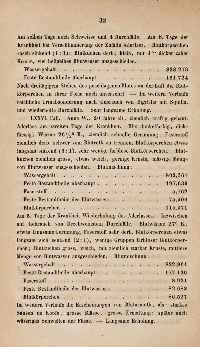 Am selben Tage noch Schweisse und 4 Durchfälle. Am 8. Tage der Krankheit bei Verschlimmerung der Zufälle Aalerlass. Blutkörperchen rasch sinkend (1:3); Blutkuchen derb, klein, mit 4//; dicker zäher Kruste, viel hellgelbes Blutwasser ausgeschieden. Wassergehalt .......... j 838,278 Feste Bestandteile überhaupt ....... 161,724 Nach dreitägigem Stehen des geschlagenen Blutes an der Luft die Blut-* körperchen in ihrer Form noch unversehrt. -— Im weitern Verlaufe reichliche Urinabsonderung nach Gebrauch von Digitalis mit Squilla, und wiederholte Durchfälle. Sehr langsame Erholung. LXXVI. Fall. Anna W., 20 Jahre alt, ziemlich kräftig gebaut. Aderlass am zweiten Tage der Krankheit. Blut dunkelfarbig, dick¬ flüssig, Wärme 26y2° B., ziemlich schnelle Gerinnung; Faserstoff ziemlich derb, schwer vom Blutrot zu trennen, Blutkörperchen etwas langsam sinkend (3 : 1), sehr wenige farblose Blutkörperchen. Blut¬ kuchen ziemlich gross, etwas weich, geringe Kruste, massige Menge von Blutwasser ausgeschieden. Blutmischung; Wassergehalt . -. 802,361 Feste Bestandteile überhaupt . . . . . . . . 197,639 Faserstoff .. 5,762 Feste Bestandteile des Blutwassers. 75,906 Blutkörperchen . .. . . 115,971 Am 5. Tage der Krankheit Wiederholung des Aderlasses. Inzwischen auf Gebrauch von Brechweinslein Durchfälle. Blutwärme 27° B., etwas langsame Gerinnung, Faserstoff sehr derb, Blutkörperchen etwas langsam sich senkend (2:1), wenige Gruppen farbloser Blutkörper¬ chen ; Blutkuchen gross, weich, mit ziemlich starker Kruste, mittlere Menge von Blutwasser ausgeschieden. Blutmischung: Wassergehalt. . 822,864 Feste Bestandteile überhaupt . . . , . . . 177,136 Faserstoff ............. 8,921 Feste Bestandteile des Blutwassers ...... 82,688 Blutkörperchen .. 86,527 Im weitern Verlaufe die Erscheinungen von Blutarmut, als: starkes Sausen im Kopfe, grosse Blässe, grosse Ermattung; später auch wässriges Schwellen der Füsse. —- Langsame Erholung. % ■v