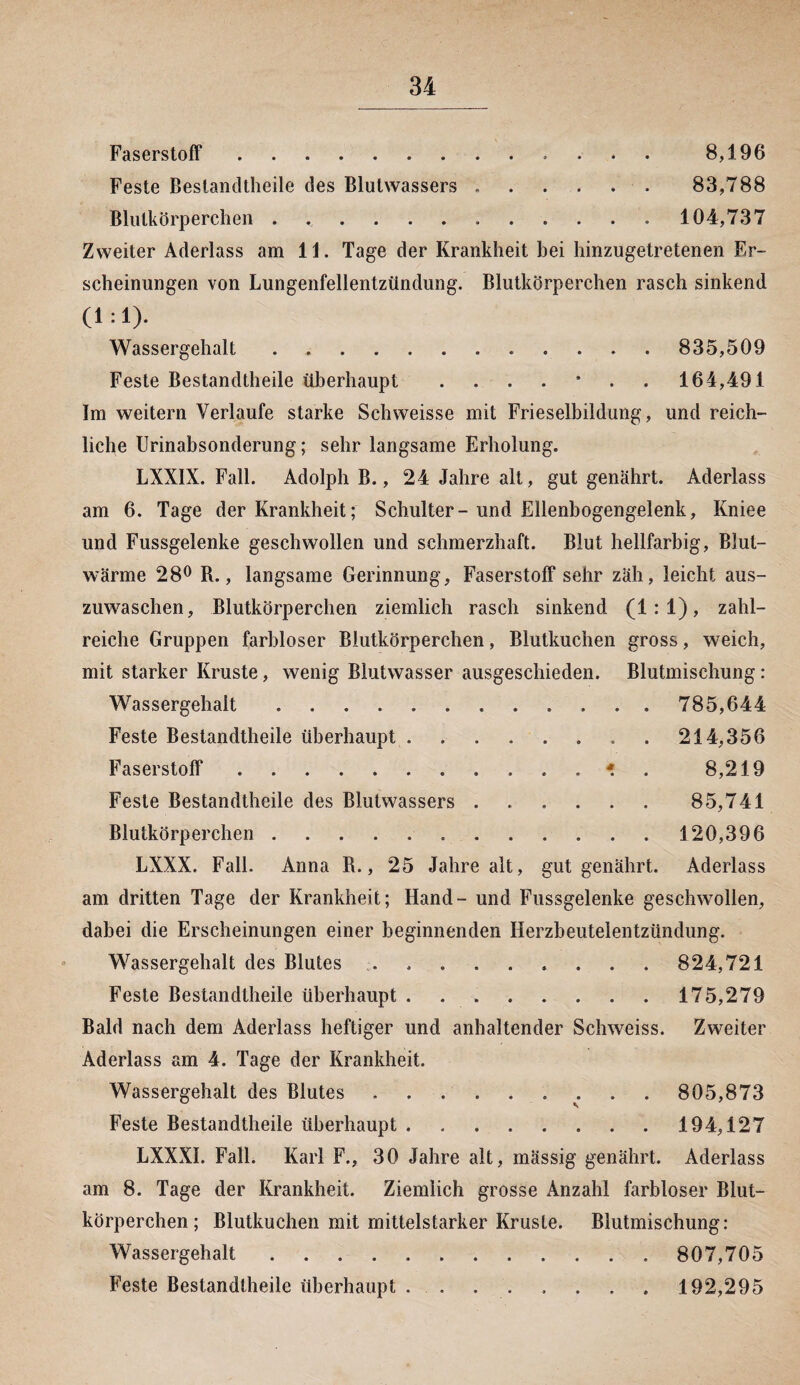 Faserstoff .. 8,196 Feste Bestandteile des Blutwassers .. 83,788 Blutkörperchen ............. 104,737 Zweiter Aderlass am 11. Tage der Krankheit hei hinzugetretenen Er¬ scheinungen von Lungenfellentzündung. Blutkörperchen rasch sinkend Wassergehalt. 835,509 Feste Bestandteile überhaupt ....’.. 164,491 Im weitern Verlaufe starke Schweisse mit Frieselbildung, und reich¬ liche Urinabsonderung; sehr langsame Erholung. LXXIX. Fall. Adolph B., 24 Jahre alt, gut genährt. Aderlass am 6. Tage der Krankheit; Schulter-und Ellenbogengelenk, Kniee und Fussgelenke geschwollen und schmerzhaft. Blut hellfarbig, Blul- wärme 28° R., langsame Gerinnung, Faserstoff sehr zäh, leicht aus¬ zuwaschen, Blutkörperchen ziemlich rasch sinkend (1:1), zahl¬ reiche Gruppen farbloser Blutkörperchen, Blutkuchen gross, weich, mit starker Kruste, wenig Blutwasser ausgeschieden. Blutmischung: Wassergehalt .. 785,644 Feste Bestandteile überhaupt.. . . 214,356 Faserstoff . .* 8,219 Feste Bestandteile des Blutwassers. 85,741 Blutkörperchen. 120,396 LXXX. Fall. Anna R., 25 Jahre alt, gut genährt. Aderlass am dritten Tage der Krankheit; Hand - und Fussgelenke geschwollen, dabei die Erscheinungen einer beginnenden Herzbeutelentzündung. Wassergehalt des Blutes . 824,721 Feste Bestandteile überhaupt. 175,279 Bald nach dem Aderlass heftiger und anhaltender Schweiss. Zweiter Aderlass am 4. Tage der Krankheit. Wassergehalt des Blutes ......... 805,873 Feste Bestandteile überhaupt.194,127 LXXXI. Fall. Karl F., 30 Jahre alt, mässig genährt. Aderlass am 8. Tage der Krankheit. Ziemlich grosse Anzahl farbloser Blut¬ körperchen; Blutkuchen mit mittelstarker Kruste. Blutmischung: Wassergehalt. 807,705 Feste Bestandteile überhaupt ........ 192,295