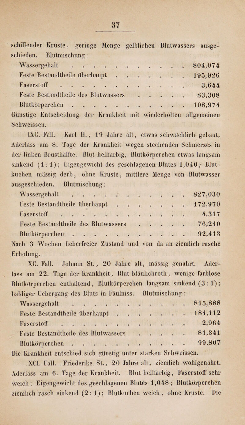 schillender Kruste, geringe Menge gelblichen Blulwassers ausge¬ schieden. Blutmischung: Wassergehalt. 804,074 Feste Bestandtheile überhaupt. 195,926 Faserstoff. 3,644 Feste Bestandteile des Blutwassers. 83,308 Blutkörperchen. 108,974 Günstige Entscheidung der Krankheit mit wiederholten allgemeinen Schweissen. IXC. Fall. Karl IE, 19 Jahre alt, etwas schwächlich gebaut, Aderlass am 8. Tage der Krankheit wegen stechenden Schmerzes in der linken Brusthälfte. Blut hellfarbig, Blutkörperchen etwas langsam sinkend (1:1); Eigengewicht des geschlagenen Blutes 1,040; Blut¬ kuchen mässig derb, ohne Kruste, mittlere Menge von Blutwasser ausgeschieden. Blutmischung: Wassergehalt. 827,030 Feste Bestandteile überhaupt. 172,970 Faserstoff. 4,317 Feste Bestandtheile des Blutwassers. 76,240 Blutkörperchen.92,413 Nach 3 Wochen fieberfreier Zustand und von da an ziemlich rasche Erholung. XC. Fall. Johann St., 20 Jahre alt, mässig genährt. Ader¬ lass am 22. Tage der Krankheit, Blut bläulichroth, wenige farblose Blutkörperchen enthaltend, Blutkörperchen langsam sinkend (3 : 1) ; baldiger Uebergang des Bluts in Fäulniss. Blutmischung: Wassergehalt.815,888 Feste Bestandtheile überhaupt.184,112 Faserstoff. 2,964 Feste Bestandtheile des Blutwassers.81,341 Blutkörperchen. 99,807 Die Krankheit entschied sich günstig unter starken Schweissen. XCI. Fall. Friederike St., 20 Jahre alt, ziemlich wohlgenährt. Aderlass am 6. Tage der Krankheit. Blut hellfarbig, Faserstoff sehr weich; Eigengewicht des geschlagenen Blutes 1,048; Blutkörperchen ziemlich rasch sinkend (2:1); Blutkuchen weich, ohne Kruste. Die