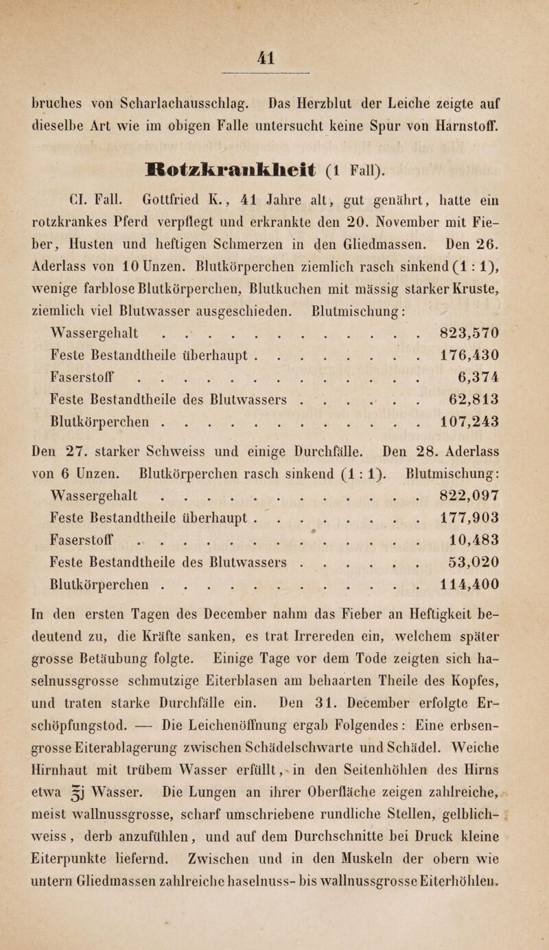 M bruches von Scharlachausschlag. Das Herzblut der Leiche zeigte auf dieselbe Art wie im obigen Falle untersucht keine Spur von Harnstoff. Rotzftraiililieit (l Fall). CI. Fall. Gottfried K., 41 Jahre alt, gut genährt, hatte ein rotzkrankes Pferd verpflegt und erkrankte den 20. November mit Fie¬ ber, Husten und heftigen Schmerzen in den Gliedmassen. Den 26. Aderlass von 10 Unzen. Blutkörperchen ziemlich rasch sinkend (1: 1), wenige farblose Blutkörperchen, Blutkuchen mit mässig starker Kruste, ziemlich viel Blutwasser ausgeschieden. Blutmischung: Wassergehalt. 823,570 Feste Bestandteile überhaupt. 176,430 Faserstoff. 6,374 Feste Bestandteile des Blutwassers . . . . . . 62,813 Blutkörperchen. 107,243 Den 27. starker Schweiss und einige Durchfälle. Den 28. Aderlass von 6 Unzen. Blutkörperchen rasch sinkend (1: 1). Blutmischung: Wassergehalt. 822,097 Feste Bestandteile überhaupt. 177,903 Faserstoff. 10,483 Feste Bestandteile des Blutwassers. 53,020 Blutkörperchen.114,400 In den ersten Tagen des December nahm das Fieber an Heftigkeit be¬ deutend zu, die Kräfte sanken, es trat Irrereden ein, welchem später grosse Betäubung folgte. Einige Tage vor dem Tode zeigten sich ha¬ selnussgrosse schmutzige Eiterblasen am behaarten Theile des Kopfes, und traten starke Durchfälle ein. Den 31. December erfolgte Er¬ schöpfungstod. — Die Leichenöffnung ergab Folgendes: Eine erbsen¬ grosse Eiterablagerung zwischen Schädelschwarte und Schädel. Weiche Hirnhaut mit trübem Wasser erfüllt, in den Seitenhöhlen des Hirns etwa Wasser. Die Lungen an ihrer Oberfläche zeigen zahlreiche, meist wallnussgrosse, scharf umschriebene rundliche Stellen, gelblich— weiss, derb anzufühlen, und auf dem Durchschnitte bei Druck kleine Eiterpunkte liefernd. Zwischen und in den Muskeln der obern wie untern Gliedmassen zahlreiche haselnuss- bis wallnussgrosse Eiterhöhlen.