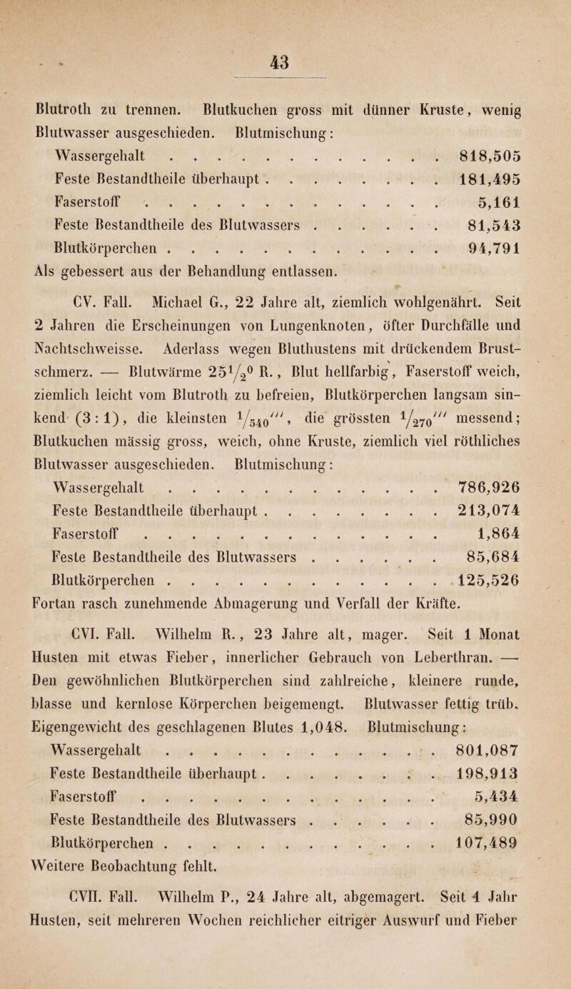 Blutroth zu trennen. Blutkuchen gross mit dünner Kruste, wenig Blutwasser ausgeschieden. Blutmischung: Wassergehalt.818,505 Feste Bestandteile überhaupt.181,495 Faserstoff. 5,161 Feste Bestandteile des Blutwassers.81,543 Blutkörperchen. 94,791 Als gebessert aus der Behandlung entlassen. CV. Fall. Michael G., 22 Jahre alt, ziemlich wohlgenährt. Seit 2 Jahren die Erscheinungen von Lungenknoten, öfter Durchfälle und Nachtschweisse. Aderlass wegen Bluthustens mit drückendem Brust- schmerz. — Blutwärme 251/20 B., Blut hellfarbig, Faserstoff weich, ziemlich leicht vom Blutroth zu befreien, Blutkörperchen langsam sin¬ kend (3:1), die kleinsten , die grössten 1/270/// messend; Blutkuchen mässig gross, weich, ohne Kruste, ziemlich viel rötliches Blutwasser ausgeschieden. Blutmischung: Wassergehalt. 786,926 Feste Bestandteile überhaupt.213,074 Faserstoff. 1,864 Feste Bestandteile des Blutwassers. 85,684 Blutkörperchen. 125,526 Fortan rasch zunehmende Abmagerung und Verfall der Kräfte. CVI. Fall. Wilhelm R., 23 Jahre alt, mager. Seit 1 Monat Husten mit etwas Fieber, innerlicher Gebrauch von Lebertran. — Den gewöhnlichen Blutkörperchen sind zahlreiche, kleinere runde, blasse und kernlose Körperchen beigemengt. Blutwasser fettig trüb. Eigengewicht des geschlagenen Blutes 1,048. Blutmischung: Wassergehalt. 801,087 Feste Bestandteile überhaupt.. . 198,913 Faserstoff. 5,434 Feste Bestandteile des Blutwassers. 85,990 Blutkörperchen. 107,489 Weitere Beobachtung fehlt. CVII. Fall. Wilhelm P., 24 Jahre alt, abgemagert. Seit 1 Jahr Husten, seit mehreren Wochen reichlicher eitriger Auswurf und Fieber