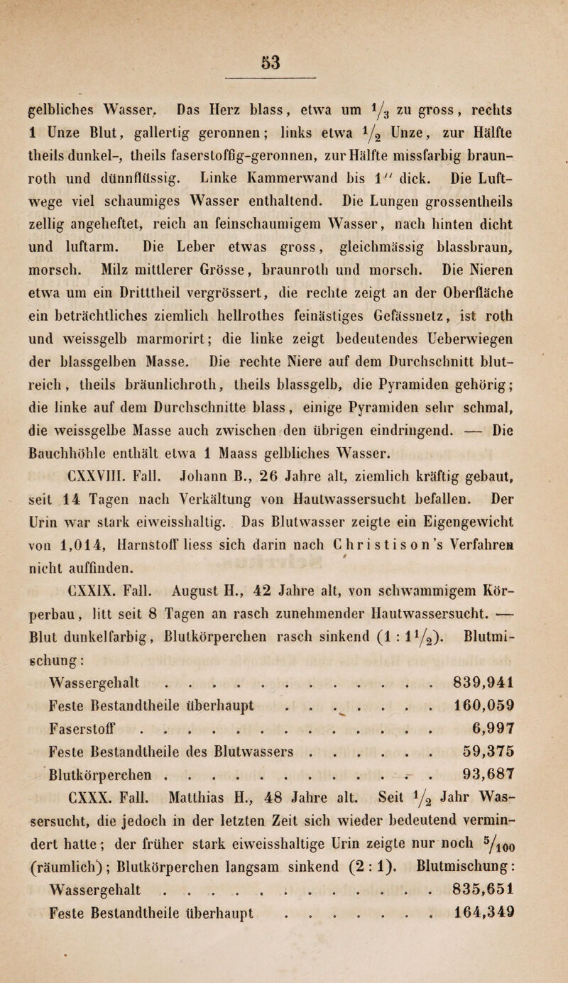 gelbliches Wasser, Das Herz blass, etwa um y3 zu gross, rechts 1 Unze Blut, gallertig geronnen; links etwa y2 Unze, zur Hälfte theils dunkel-, theils faserstoffig-geronnen, zur Hälfte missfarbig braun- roth und dünnflüssig. Linke Kammerwand bis 1 dick. Die Luft¬ wege viel schaumiges Wasser enthaltend. Die Lungen grossentheils zellig angeheftet, reich an feinsehaumigem Wasser, nach hinten dicht und luftarm. Die Leber etwas gross, gleichmässig blassbraun, morsch. Milz mittlerer Grösse, braunrolh und morsch. Die Nieren etwa um ein Dritttheil vergrössert, die rechte zeigt an der Oberfläche ein beträchtliches ziemlich hellrothes feinästiges Gefässnetz, ist roth und weissgelb marmorirt; die linke zeigt bedeutendes Ueberwiegen der blassgelben Masse. Die rechte Niere auf dem Durchschnitt blut¬ reich , theils bräunlichroth, theils blassgelb, die Pyramiden gehörig; die linke auf dem Durchschnitte blass, einige Pyramiden sehr schmal, die weissgelbe Masse auch zwischen den übrigen eindringend. — Die Bauchhöhle enthält etwa 1 Maass gelbliches Wasser. CXXVIII. Fall. Johann B., 26 Jahre alt, ziemlich kräftig gebaut, seit 14 Tagen nach Verkältung von Hautwassersucht befallen. Der Urin war stark eiweisshaltig. Das Blutwasser zeigte ein Eigengewicht von 1,014, Harnstoff Hess sich darin nach Christison’s Verfahren / nicht auffinden. GXXIX. Fall. August H., 42 Jahre alt, von schwammigem Kör¬ perbau, litt seit 8 Tagen an rasch zunehmender Hautwassersucht. — Blut dunkelfarbig, Blutkörperchen rasch sinkend (1 : l1/^). Blutmi¬ schung : Wassergehalt. 839,941 Feste Bestandteile überhaupt . . . . . . . 160,059 Faserstoff. 6,997 Feste Bestandteile des Blutwassers. 59,375 Blutkörperchen.. . 93,687 GXXX. Fall. Matthias H., 48 Jahre alt. Seit 1/2 Jahr Was¬ sersucht, die jedoch in der letzten Zeit sich wieder bedeutend vermin¬ dert hatte; der früher stark eiweisshaltige Urin zeigte nur noch 5/ioo (räumlich); Blutkörperchen langsam sinkend (2:1). Blutmischung: Wassergehalt.i. 835,651 Feste Bestandteile überhaupt. 164,349