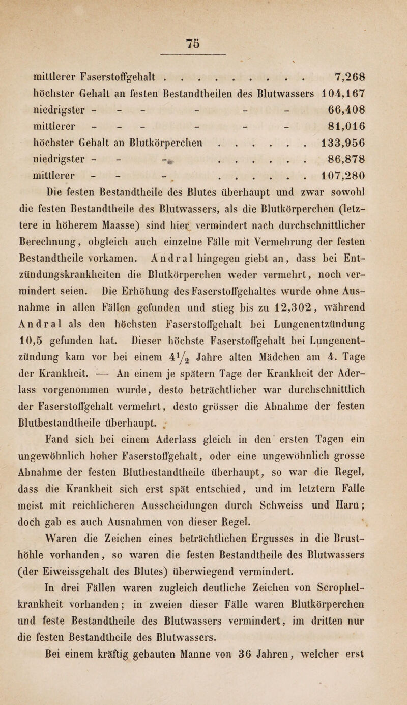 mittlerer Faserstoffgehalt. 7,268 höchster Gehalt an festen Bestandteilen des Blutwassers 104,167 niedrigster - - - - 66,408 mittlerer - - - - - - 81,016 höchster Gehalt an Blutkörperchen. 133,956 niedrigster - -* . 86,878 mittlerer - - - . 107,280 Die festen Bestandteile des Blutes überhaupt und zwar sowohl die festen Bestandteile des Blutwassers, als die Blutkörperchen (letz¬ tere in höherem Maasse) sind hier vermindert nach durchschnittlicher Berechnung, obgleich auch einzelne Fälle mit Vermehrung der festen Bestandteile vorkamen. Andral hingegen giebt an, dass hei Ent¬ zündungskrankheiten die Blutkörperchen weder vermehrt, noch ver¬ mindert seien. Die Erhöhung des Faserstoffgehaltes wurde ohne Aus¬ nahme in allen Fällen gefunden und stieg bis zu 12,302, während Andral als den höchsten Faserstoffgehalt hei Lungenentzündung 10,5 gefunden hat. Dieser höchste Faserstoffgehalt hei Lungenent¬ zündung kam vor hei einem 4lJ2 Jahre alten Mädchen am 4. Tage der Krankheit. — An einem je spätem Tage der Krankheit der Ader¬ lass vorgenommen wurde, desto beträchtlicher war durchschnittlich der Faserstoffgehalt vermehrt, desto grösser die Abnahme der festen Blutbestandtheile überhaupt. Fand sich hei einem Aderlass gleich in den ersten Tagen ein ungewöhnlich haher Faserstoffgehalt, oder eine ungewöhnlich grosse Abnahme der festen Blutbestandtheile überhaupt, so war die Regel, dass die Krankheit sich erst spät entschied, und im letztem Falle meist mit reichlicheren Ausscheidungen durch Schweiss und Harn; doch gab es auch Ausnahmen von dieser Regel. Waren die Zeichen eines beträchtlichen Ergusses in die Brust¬ höhle vorhanden, so waren die festen Bestandteile des Blutwassers (der Eiweissgehalt des Blutes) überwiegend vermindert. In drei Fällen waren zugleich deutliche Zeichen von Scrophel- krankheit vorhanden; in zweien dieser Fälle waren Blutkörperchen und feste Bestandteile des Blutwassers vermindert, im dritten nur die festen Bestandteile des Blutwassers. Bei einem kräftig gebauten Manne von 36 Jahren, welcher erst