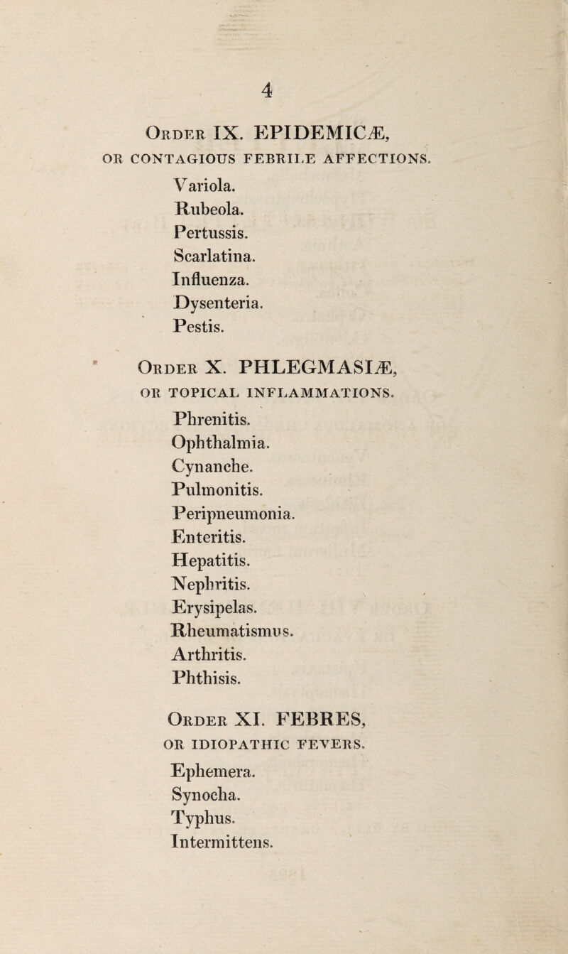 Order IX. EPIDEMICS, OR CONTAGIOUS FEBRILE AFFECTIONS V ariola. Rubeola. Pertussis. Scarlatina. Influenza. Dvsenteria. j Pestis. Order X. PHLEGMASIA, OR TOPICAL INFLAMMATIONS. Phrenitis. Ophthalmia. Cynanche. Pulmonitis. Peripneumonia. Enteritis. Hepatitis. Nephritis. Erysipelas. Rheumatismus. Arthritis. Phthisis. Order XI. FEBRES, OR IDIOPATHIC FEVERS. Ephemera. Synocha. Typhus. Intermittens.