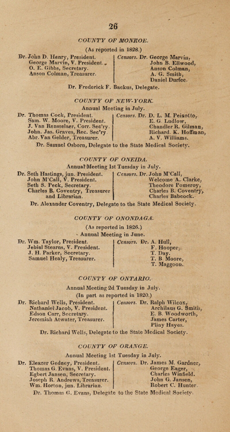 COUNTY OF MONROE. (As reported in 1828.) Dr. John D. Henry, President. George Marvin, V. President,. 0. E. Gibbs, Secretary. Anson Colman, Treasurer. Censors. Dr. George Marvin, John B. Ell wood, 4nson Colman, A, G. Smith, Daniel Durfee. Dr. Frederick F. Backus, Delegate. COUNTY OF NEW-YORK. Annual Meeting in July. Dr. Thomas Cock, President. Sam. W. Moore, V. President. J. Van Rensselaer, Corr. Sec’ry. John. Jas. Graves, Rec. Sec’ry. Abr. Van Gelder, Treasurer. Dr. Samuel Osborn, Delegate to the State Medical Society* Censors. Dr. D. L. M. Peixotto, E. G Ludlow, Chandler R. Gilman, Richard. K. Hoffman* A. V. Williams. COUNTY OF ONEIDA. Annual Meeting 1st Tuesday in July. Dr. Seth Hastings, jun. President. John M’Call, V. President. Seth S. Peck, Secretary. Charles B. Coventry, Treasurer and Librarian. Censors. Dr. John M’Call, Welcome A.. Clarke, Theodore Pomeroy, Charles B. Coventry,. Charles Babcock. Dr. Alexander Coventry, Delegate to the State Medical Society. COUNTY OF ONONDAGA. (As reported in 1826.) ' Annual Meeting in June. Dr. Wm. Taylor, President. Jebial Stearns, V. President. J. H. Parker, Secretary. Samuel Healy, Treasurer. Censors. Dr. A. Hull, F. Hooper T. Day. T. B Moore, T. Maggooo. COUNTY OF ONTARIO. Annual Meeting 2d Tuesday in July (In part as reported in 1820.) Dr. Richard Wells, President. Nathaniel Jacob, V. President. Edson Carr, Secretary. Jeremiah Atwater, Treasurer. Censors. Dr. Ralph Wilcox r Archilaus G. Smith, E. B. Woodworth, James Carter, Pliny Hayes. Dr. Richard Wells, Delegate to the State Medical Society. COUNTY OF ORANGE. Annual Meeting 1st Tuesday in July. Dr. Eleazer Gedney, President. Thomas G. Evans, V. President. Egbert Jansen, Secretary. Joseph R. Andrews, Treasurer. Wm, Horton, jun. Librarian. Censors. Dr. James M. Gardner, George Eager, Charles Winfield. John G. Jansen, Robert C. Hunter Dr, Thomas G. Evans, Delegate to the State Medical Society