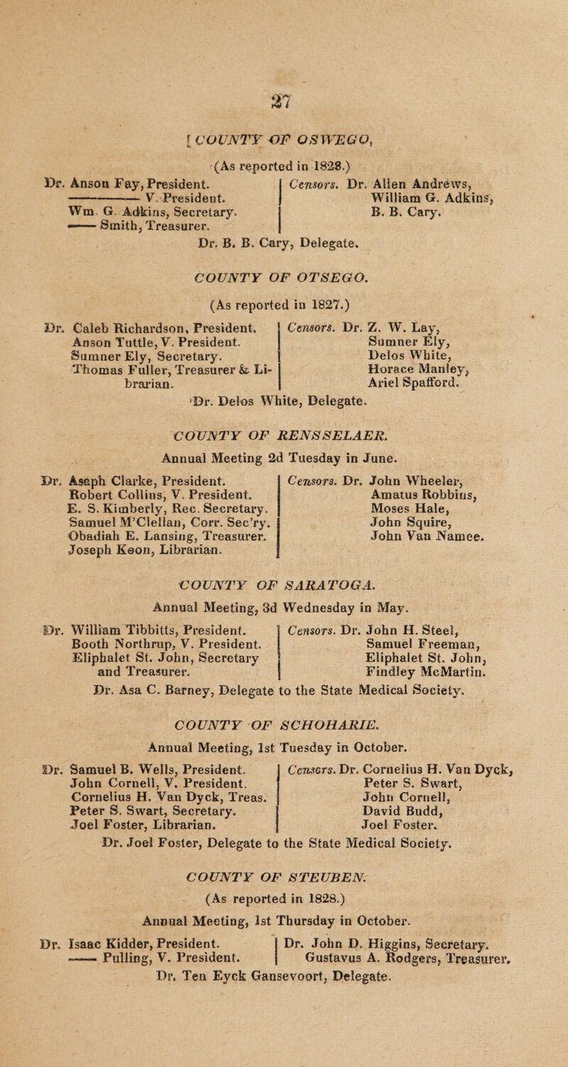 [ COUNTY OF OSWEGO, (As reported in 1828.) Dr. Anson Fay, President. --V. President. Wm G Adkins, Secretary. --Smith, Treasurer. Dr. B. B. Cary, Delegate. Censors. Dr. Allen Andrews, William G. Adkins, B. B. Cary. COUNTY OF OTSEGO. (As reported in 1827.) Dr. Caleb Richardson, President. Anson Tuttle, V. President. Sumner Ely, Secretary. Thomas Fuller, Treasurer &, Li brarian. Censors. Dr. Z. W. Lay, Sumner Ely, Delos White, Horace Manley, Ariel SpafFord. •Dr. Delos White, Delegate. COUNTY OF RENSSELAER. Annual Meeting 2d Tuesday in June. Dr. Asaph Clarke, President. Robert Collins, V. President. E. S. Kimberly, Rec. Secretary. Samuel M’Clellan, Corr. Sec’ry. Obadiah E. Lansing, Treasurer. Joseph Keon, Librarian. Censors. Dr. John Wheeler, Amatus Robbins, Moses Hale, John Squire, John Van JNfamee. COUNTY OF SARATOGA. Annual Meeting, 3d Wednesday in May. Censors. Dr. John H. Steel, Samuel Freeman, Eliphalet St. John, Findley McMartin. Dr. Asa C. Barney, Delegate to the State Medical Society. Dr. William Tibbitts, President. Booth Northrup, V. President. Eliphalet St. John, Secretary and Treasurer. COUNTY OF SCHOHARIE. Annual Meeting, 1st Tuesday in October. Dr. Samuel B. Wells, President. John Cornell, V. President. Cornelius H. Van Dyck, Treas. Peter S. Swart, Secretary. Joel Foster, Librarian. Dr. Joel Foster, Delegate to the State Medical Society. Censors. Dr. Cornelius H. Van Dyck, Peter S. Swart, John Cornell, David Budd, Joel Foster. COUNTY OF STEUBEN. (As reported in 1828.) Annual Meeting, 1st Thursday in October. Dr. Isaac Kidder, President. j Dr. John D. Higgins, Secretary. --Pulling, V. President. j Gustavus A. Rodgers, Treasurer, Dr. Ten Eyck Gansevoort, Delegate.