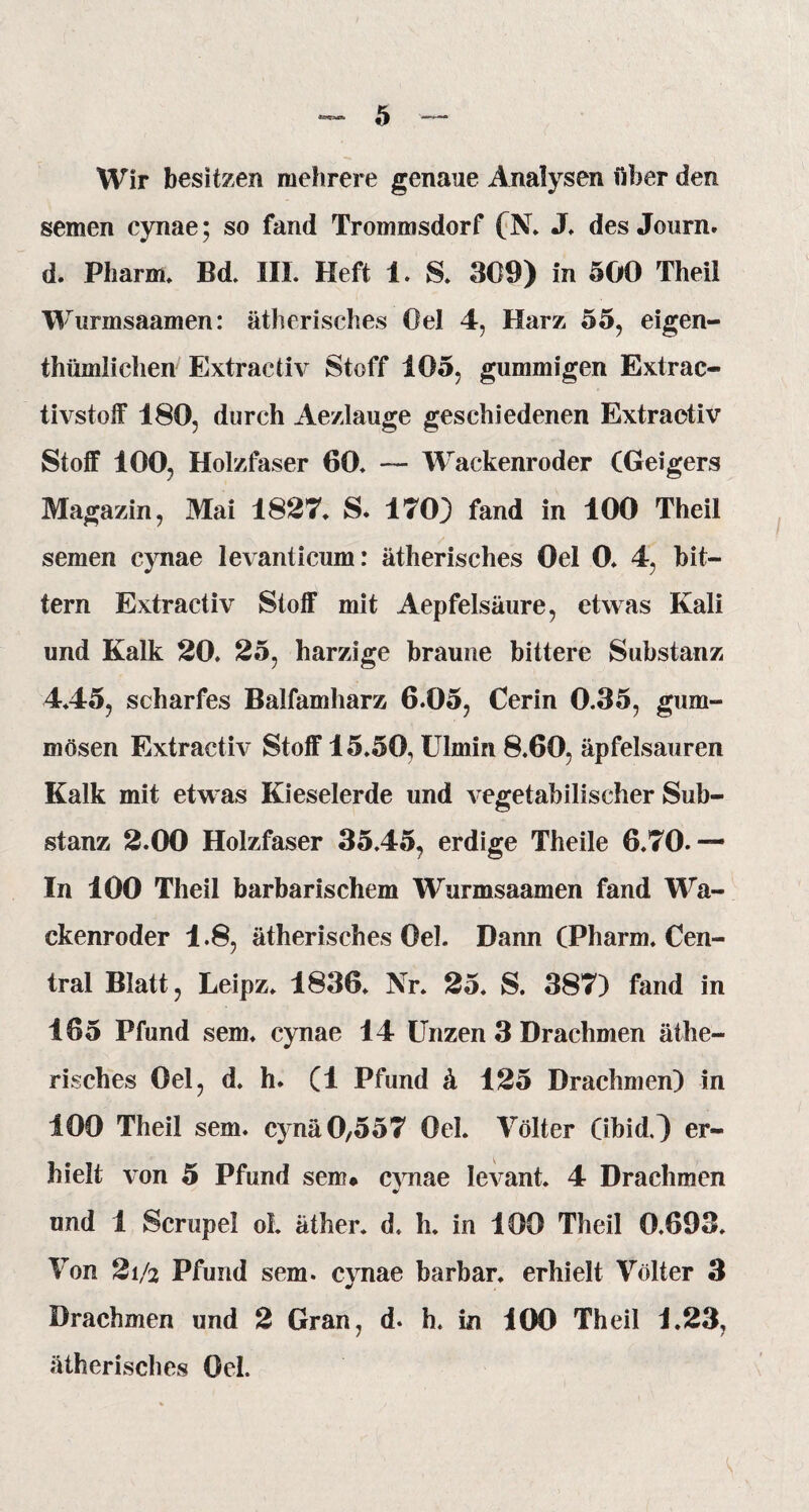 Wir besitzen mehrere genaue Analysen über den semen cynae; so fand Trommsdorf (N. J. des Journ. d. Pharm. Bd. III. Heft 1. S. 309) in 500 Theil Wurmsaamen: ätherisches Oel 4, Harz 55, eigen¬ tümlichen Extractiv Stoff 105, gummigen Extrac- tivstoff 180, durch Aezlauge geschiedenen Extractiv Stoff 100, Holzfaser 60. — Wackenroder (Geigers Magazin, Mai 1827. S. 170) fand in 100 Theil semen cynae levanticum: ätherisches Oel 0. 4, bit- tern Extractiv Stoff mit Aepfelsäure, etwas Kali und Kalk 20. 25, harzige braune bittere Substanz 4.45, scharfes Balfamharz 6.05, Cerin 0.35, gum¬ mösen Extractiv Stoff 15.50, Ulmin 8.60, äpfelsauren Kalk mit etwas Kieselerde und vegetabilischer Sub¬ stanz 2.00 Holzfaser 35.45, erdige Theile 6.70.— In 100 Theil barbarischem Wurmsaamen fand Wa¬ ckenroder 1.8, ätherisches Oel. Dann (Pharm. Cen¬ tral Blatt, Leipz. 1836. Nr. 25. S. 387) fand in 165 Pfund sem. cynae 14 Unzen 3 Drachmen äthe¬ risches Oel, d. h. (1 Pfund k 125 Drachmen) in 100 Theil sem. cynä 0,557 Oel. Voller (ibid.) er¬ hielt von 5 Pfund sem* cvnae levant. 4 Drachmen und 1 Scrupel ol. äther. d, h. in 100 Theil 0.693. Von 21/2 Pfund sem. cynae barbar. erhielt Voller 3 Drachmen und 2 Gran, d. h. in 100 Theil 1.23, ätherisches Oel.