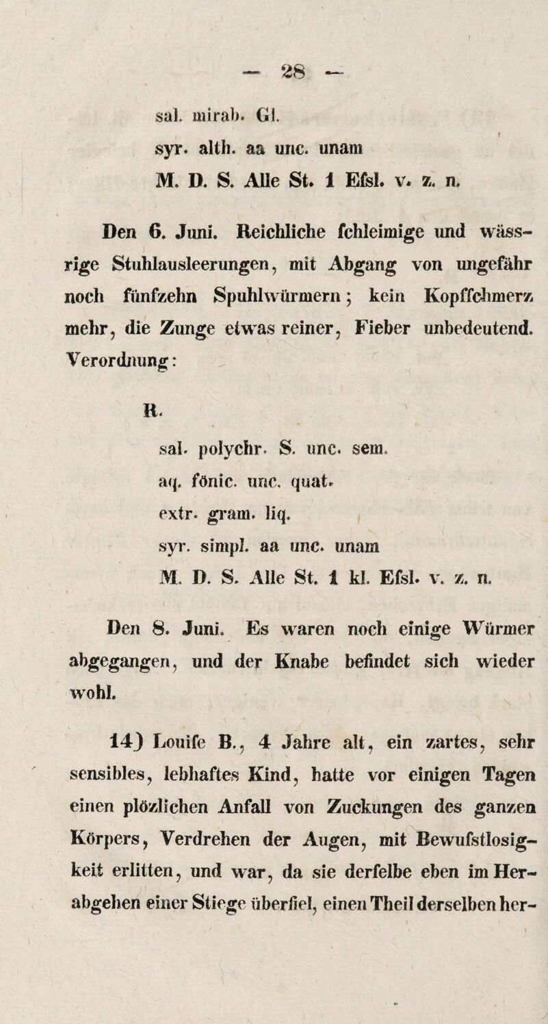 I — 28 — sah mirab. GL i f syr. alth. aa unc. unam M. D. S. Alle St. i Efsl. v. z. n. Den 6, Juni. Reichliche fchleimige und wäss¬ rige Stuhlausleerungen, mit Abgang von ungefähr noch fünfzehn Spuhlwürmern; kein Kopffchmerz mehr, die Zunge etwas reiner, Fieber unbedeutend. Verordnung: sal. polychr. S. unc. sein aq« fönic. unc. quat. extr. gram. Hq. syr. simpl. aa unc. unam M. D. S. Alle St. i kl Efsl. v. z. n. Den 8. Juni. Es waren noch einige Würmer abgegangen, und der Knabe befindet sich wieder wohl. 14) Louife B., 4 Jahre alt, ein zartes, sehr sensibles, lebhaftes Kind, hatte vor einigen Tagen einen plözlichen Anfall von Zuckungen des ganzen Körpers, Verdrehen der Augen, mit Bewusstlosig¬ keit erlitten, und war, da sie derfelbe eben im Her¬ abgehen einer Stiege überfiel, einen Theil derselben her-