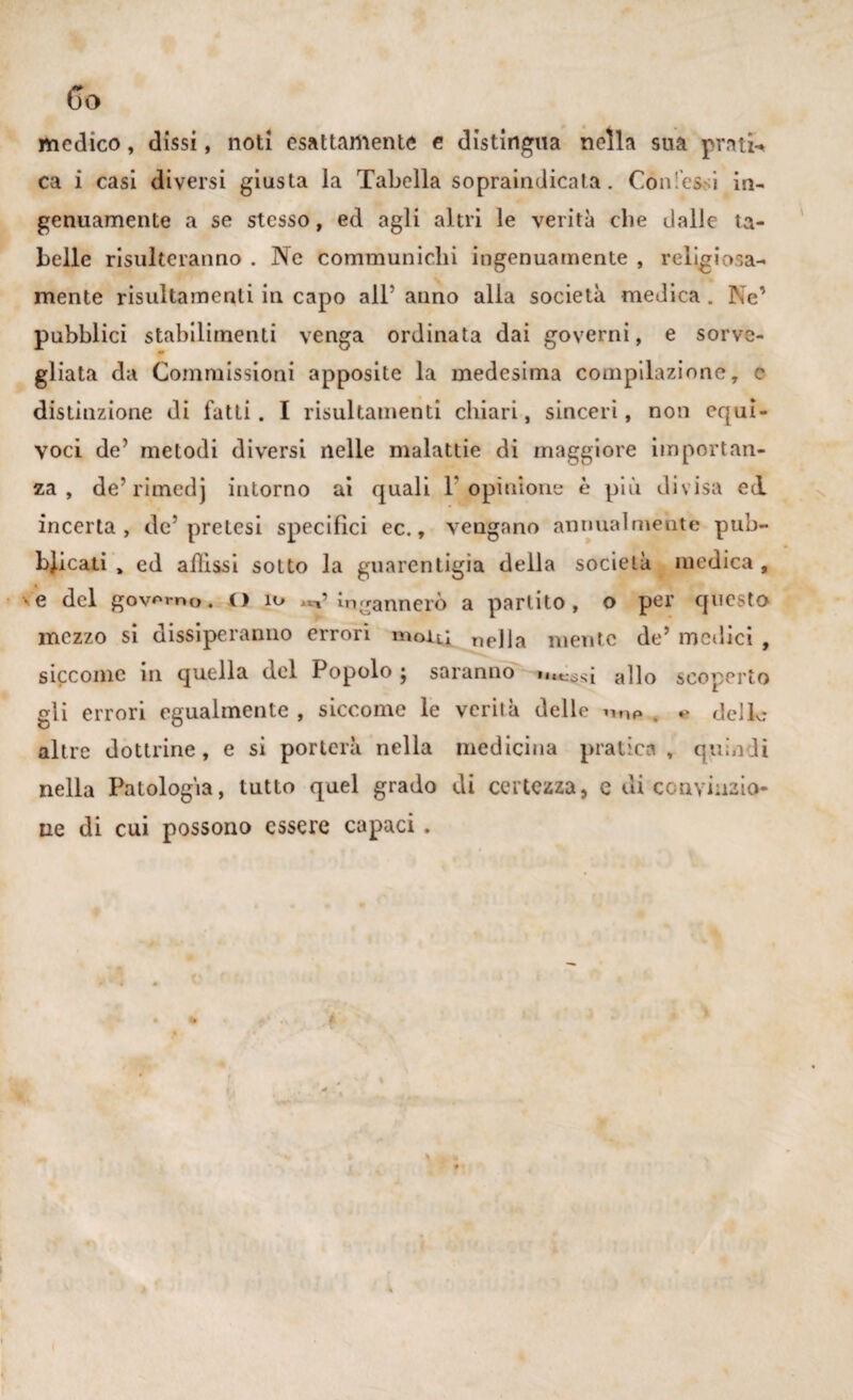 Co medico, dissi, noti esattamente e distingua nella sua prati** ca i casi diversi giusta la Tabella sopraindicata. Confessi in¬ genuamente a se stesso, ed agli altri le verità che dalle ta¬ belle risulteranno . Ne communielii ingenuamente , religiosa- mente risultamenli in capo all’ anno alla società medica. Ne1 pubblici stabilimenti venga ordinata dai governi, e sorve¬ gliata da Commissioni apposite la medesima compilazione, e distinzione di fatti. I risultamenti ciliari, sinceri, non equi¬ voci de’ metodi diversi nelle malattie di maggiore importan¬ za , de’rimedj intorno ai quali F opinione è più divisa ed incerta, de5 pretesi specifici ec., vengano annualmente pub¬ blicati, ed affissi sotto la guarentigia della società medica, -e del governo, o m incannerò a partito, o per questo mezzo si dissiperanno errori molti nella mente deJ medici , siccome in quella del Popolo j saranno intrisi allo scoperto gli errori egualmente, siccome le verità delle mi*. « dello altre dottrine, e si porterà nella medicina pratica, quindi nella Patologìa, tutto quel grado di certezza, e di convinzio¬ ne di cui possono essere capaci . %