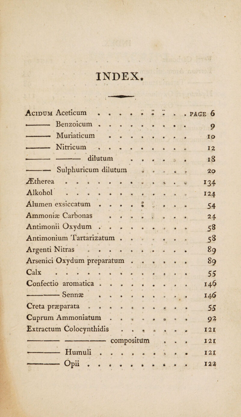INDEX. I i Acidum Aceticum • ••«»••* *• page 6 — -- Benzoicum. 9 --- Muriaticum. io ——— Nitricum. 12 ■—- --dilutum .... . 18 -—-Sulphuricum dilutum 20 AEtherea.. . . v . * 134 Alkohol ............ 124 Alumen exsiccatum 54 Ammonias Carbonas ........ 24 Antimonii Oxydum ......... 58 Antimonium Tartarizatum ....... 58 Argenti Nitras .. 89 Arsenici Oxydum preparatum ...... 89 Calx . 55 Confectio aromatica ......... 146 •--Sennas . 146 Creta praeparata .......... 5,5 Cuprum Ammoniatum 92 Extractum Colocynthidis 121 ---compositum ... 121 — -— Humuli.. * 121 *——- Opii. 122