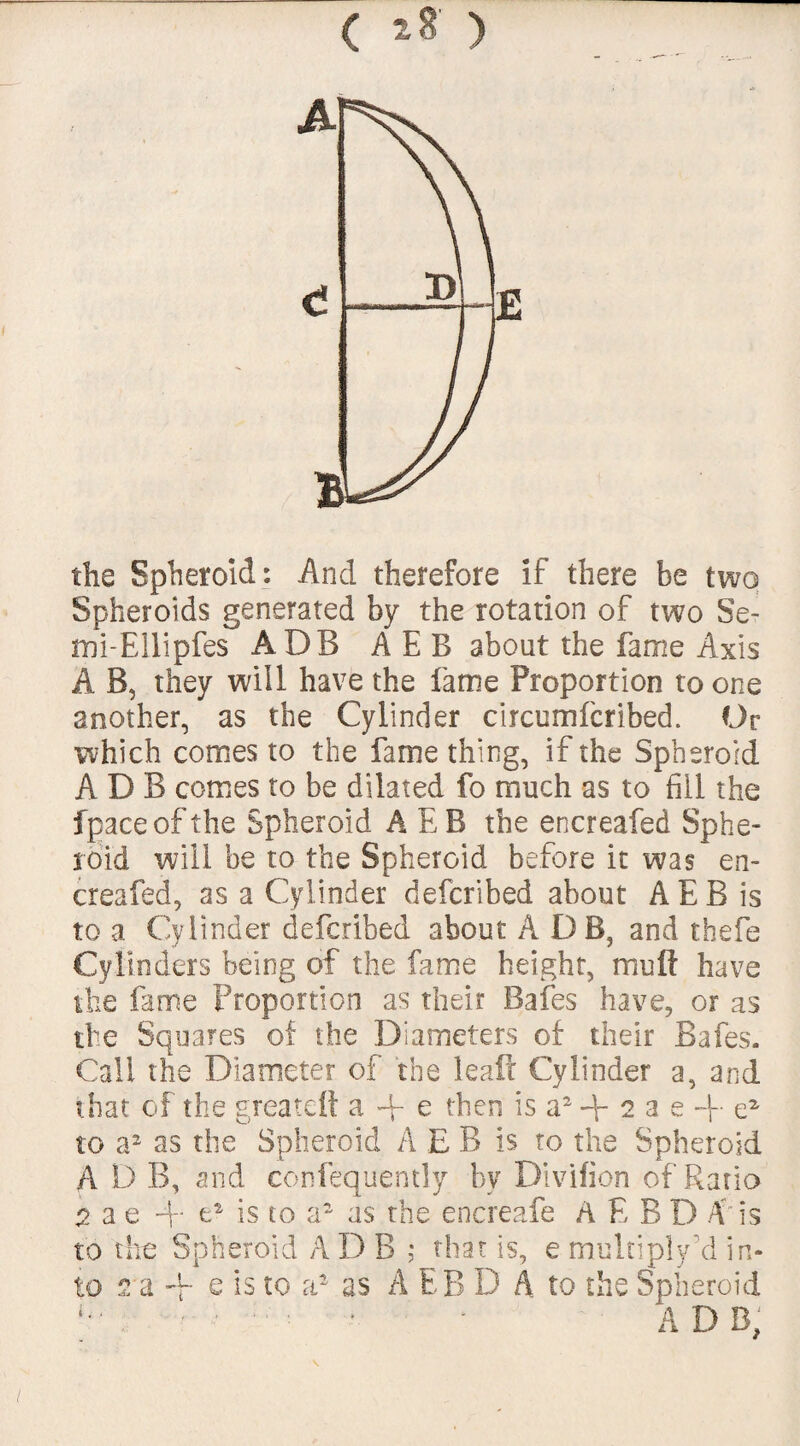 the Spheroid: And therefore if there be two Spheroids generated by the rotation of two Se- mi-Ellipfes ADB A E B about the fame Axis A B, they will have the fame Proportion to one another, as the Cylinder circumfcribed. Or which comes to the fame thing, if the Spheroid ADB comes to be dilated fo much as to fill the fpaceofthe Spheroid A EB the encreafed Sphe¬ roid will be to the Spheroid before it was en¬ creafed, as a Cylinder defcribed about AEB is to a Cylinder defcribed about A D B, and thefe Cylinders being of the fame height, mull have the fame Proportion as their Bafes have, or as the Squares of the Diameters of their Bafes. Call the Diameter of the leaft Cylinder a, and that of the greatdl a + e then is a2 2 a e -f e2 to a2 as the Spheroid AEB is to the Spheroid A D B, and confequently by Divifion of Ratio 2 3 e 4' o2 is to a2 as the encreafe A E B D Pi is to the Spheroid A D B ; that is, e multiply A in¬ to 2 a A e is to a2 as A EB D A to the Spheroid L . ADB, \
