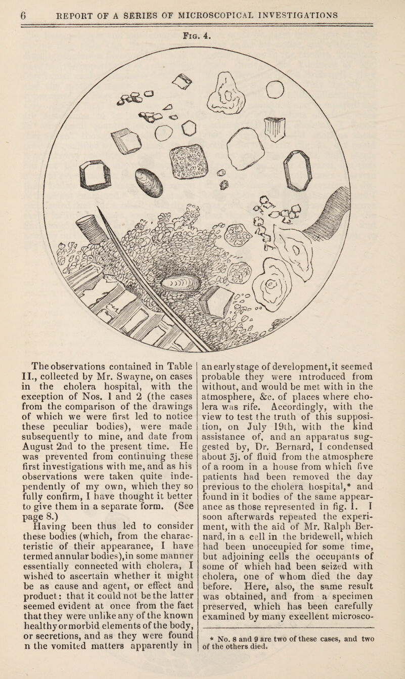 Fig. 4. The observations contained in Table II., collected by Mr. Swayne, on cases in the cholera hospital, with the exception of Nos. 1 and 2 (the cases from the comparison of the drawings of which we were first led to notice these peculiar bodies), were made subsequently to mine, and date from August 2nd to the present time. He was prevented from continuing these first investigations with me, and as his observations were taken quite inde¬ pendently of my own, which they so fully confirm, I have thought it better to give them in a separate form. (See page 8.) Having been thus led to consider these bodies (which, from the charac¬ teristic of their appearance, I have termed annular bodies),in some manner essentially connected with cholera, I wished to ascertain whether it might be as cause and agent, or effect and product: that it could not be the latter seemed evident at once from the fact that they were unlike any of the known healthy ormorbid elements of the body, or secretions, and as they were found n the vomited matters apparently in an early stage of development, it seemed probable they were introduced from without, and would be met with in the atmosphere, &c. of places where cho¬ lera was rife. Accordingly, with the view to test the truth of this supposi¬ tion, on July 19th, with the kind assistance of, and an apparatus sug¬ gested by, Dr. Bernard, I condensed about 3j. of fluid from the atmosphere of a room in a house from which five patients had been removed the day previous to the cholera hospital,* and found in it bodies of the same appear¬ ance as those represented in fig. 1. I soon afterwards repeated the experi¬ ment, with the aid of Mr. Ralph Ber¬ nard, in a cell in the bridewell, which had been unoccupied for some time, but adjoining cells the occupants of some of which had been seized with cholera, one of whom died the day before. Here, also, the same result was obtained, and from a specimen preserved, which has been carefully examined by many excellent microsco- * No. 8 and 9 are two of these cases, and two of the others died.