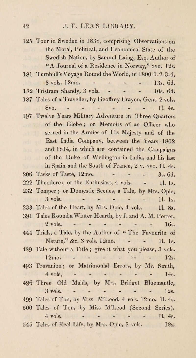 125 Tour in Sweden in 1838, comprising Observations on the Moral, Political, and Economical State of the Swedish Nation, by Samuel Laing, Esq. Author of “A Journal of a Residence in Norway,” 8vo. 12s. 181 Turnbull’s Voyage Round the World, in 1800-1-2-3-4, 3 vols. 12mo. - - - - 13s. 6d. 182 Tristram Shandy, 3 vols. - - - 10s. 6d. 187 Tales of a Traveller, by Geoffrey Crayon, Gent. 2 vols. 8vo..1L 4s. 197 Twelve Years Military Adventure in Three Quarters of the Globe; or Memoirs of an Officer who served in the Armies of His Majesty and of the East India Company, between the Years 1802 and 1814, in which are contained the Campaigns of the Duke of Wellington in India, and his last in Spain and the South of France, 2 v. 8vo. 11. 4s. 206 Tasks of Taste, 12mo. - 3s. 6d. 222 Theodoreor the Enthusiast, 4 vols. - 11. Is. 232 Temper ; or Domestic Scenes, a Tale, by Mrs. Opie, 3 vols. 11. Is. 233 Tales of the Heart, by Mrs. Opie, 4 vols. 11. 8s. 391 Tales Round a Winter Hearth, by J. and A, M. Porter, 2 vols. - - - - - - 16s. 444 Trials, a Tale, by the Author of “ The Favourite of Nature,” &c. 3 vols. 12mo. - - 11. Is. 489 Tale without a Title ; give it what you please, 3 vols. 12mo. - - - ^ - 12s. 493 Trevanion; or Matrimonial Errors, by Mr. Smith, 4 vols, - - - - - - 14s. 496 Three Old Maids, by Mrs. Bridget Bluemantle, 3 vols. - - - - - - 12s. 499 Tales of Ton, by Miss M’Leod, 4 vols. 12mo. 11. 4s. 500 Tales of Ton, by Miss M’Leod (Second Series), 4 vols. - - - - - 11. 4s. 545 Tales of Real Life, by Mrs, Opie, 3 vols. 18s.