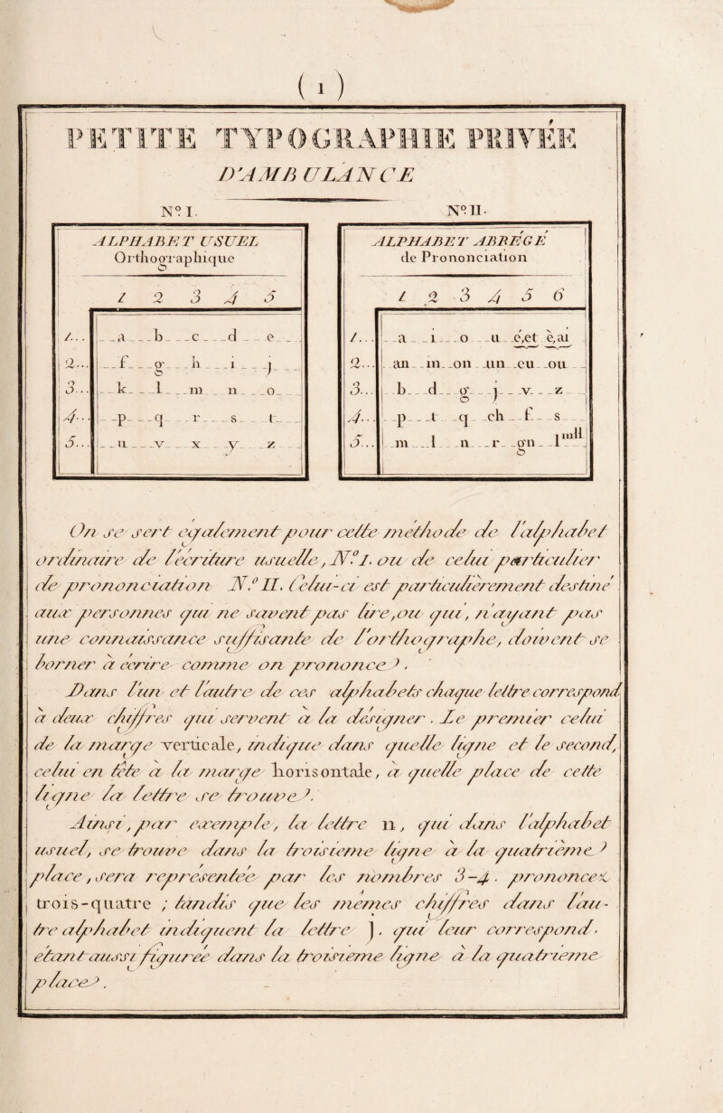 ETITE TYPOGRAPHIE PM D'A MB U LAN CM X II. 717 ü i A M A N° I. 0/2 se -sert epuleznentpour cette méthode de l'aljv/iaéet ordinaire de lecriâire usuelle, NA. ou de celui />azticulze/' de pronoTiczaùorb (N,° II. (chu-ci est pu/dculicze/nent des t/2e azur personnes put ne saventpus lue, on put, 71 ayant pas une eozuiuzssance su//zsante de 10/ tlieu/zziplie, doivent sc lorner a centre- comme on prononcent - Dans lun et lautres de ces alphudetz chaque lettre correspo/îd a t/eur ch/pres /iu servent ci lu desieyner . de premier celui de lu znarpe verticale, mdipue durs puetle lu/ne et le seco/2d/ celui en tete a la mary a lions ontaie, a /uelle place de celte lie/ne la lettre' ua Ira une t Ainsi, par eeeeznple, Ici lettre 11, pui dans lulplahet usuel, su douve dans lu troisième lu/n e ci la piiudièzn e t place, sera rcpzrsentier par les 72b mires S-/. prononçât trois-quatre ; lundis (/ne les memes ch///es dans lun - te alpl u lot i/idiplient lu lettre j. put leur correspond- ehzn taiissi/u/uree dans lu l oisieme Ic/zie à la puatrie/nc placer,