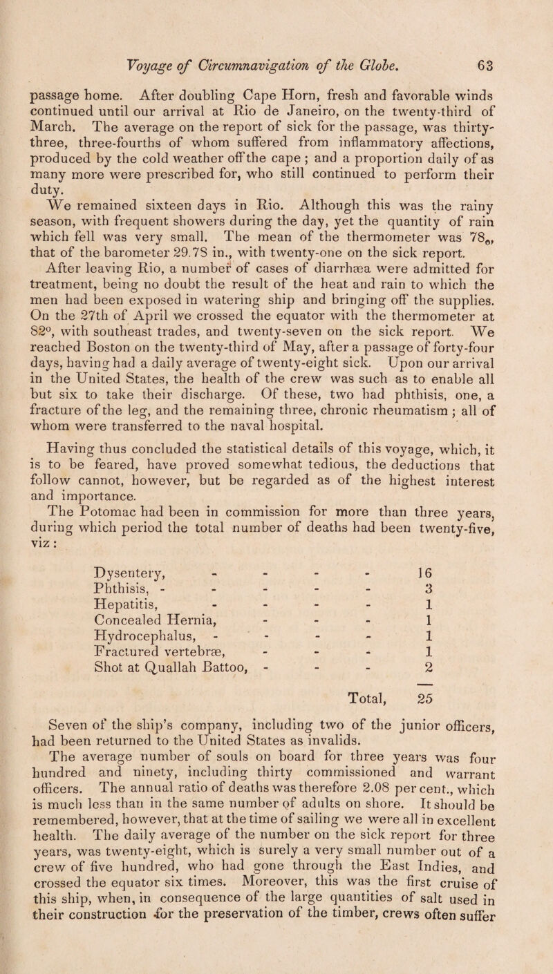 passage home. After doubling Cape Horn, fresh and favorable winds continued until our arrival at Rio de Janeiro, on the twenty-third of March. The average on the report of sick for the passage, was thirty- three, three-fourths of whom suffered from inflammatory affections, produced by the cold weather off the cape ; and a proportion daily of as many more were prescribed for, who still continued to perform their duty. We remained sixteen days in Rio. Although this was the rainy season, with frequent showers during the day, yet the quantity of rain which fell was very small. The mean of the thermometer was 780, that of the barometer 29.7S in., with twenty-one on the sick report. After leaving Rio, a number of cases of diarrhoea were admitted for treatment, being no doubt the result of the heat and rain to which the men had been exposed in watering ship and bringing off the supplies. On the 27th of April we crossed the equator with the thermometer at 82°, with southeast trades, and twenty-seven on the sick report. We reached Boston on the twenty-third of May, after a passage of forty-four days, having had a daily average of twenty-eight sick. Upon our arrival in the United States, the health of the crew was such as to enable all but six to take their discharge. Of these, two had phthisis, one, a fracture of the leg, and the remaining three, chronic rheumatism ; all of whom were transferred to the naval hospital. Having thus concluded the statistical details of this voyage, which, it is to be feared, have proved somewhat tedious, the deductions that follow cannot, however, but be regarded as of the highest interest and importance. The Potomac had been in commission for more than three years, during which period the total number of deaths had been twenty-five, viz: Dysentery, - - - - 16 Phthisis, ----- 3 Hepatitis, - 1 Concealed Hernia, - 1 Hydrocephalus, - - - 1 Fractured vertebree, * 1 Shot at Quallah Battoo, - 2 Total, 25 Seven of the ship’s company, including two of the junior officers, had been returned to the United States as invalids. The average number of souls on board for three years was four hundred and ninety, including thirty commissioned and warrant officers. The annual ratio of deaths was therefore 2.08 percent., which is much less than in the same number of adults on shore. It should be remembered, however, that at the time of sailing we were all in excellent health. The daily average of the number on the sick report for three years, was twenty-eight, which is surely a very small number out of a crew of five hundred, who had gone through the East Indies, and crossed the equator six times. Moreover, this was the first cruise of this ship, when, in consequence of the large quantities of salt used in their construction Tor the preservation of the timber, crews often suffer