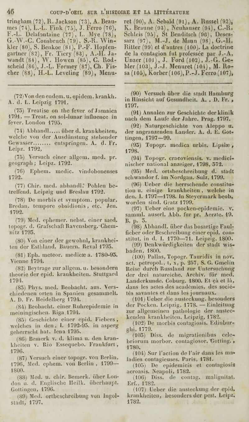 tringliam (72), R. Jackson (73), A. Beau- mes (74), L.-L. Fink (75), J. Ferro (76), F. -L. Delafontaiuc (77), L. Mye (78), G, -W.-C. Consbruch (79), S.-R. Win¬ kler (80), S. Benkoe (81), P.-F. Hopfen- gartner (82), Fr. Ticry (83), A.-H. Ja- wandt (84), W. Ilowen (85), G. Rod- scheid (86), J.-L. Formey (87), Ch. Fis¬ cher (88), H.-L. Leveling (89), Menu- (72) Von den endem. u. epidem. krankh. A. d. L. Leipzig 1791. (73) Treatise on the fever of Jamaica 1791. — Treat, on sol-lunar influence in fever. London 1795. (74) Abliandl.iiber d. krankheiten, welche von der Ausdiinstung slehender Gewasser. entspringen. A. d. Fr. Leipz. 1792, (75) Tersucli einer allgem. med. pr. geograph ; Leipz. 1792. (76) Ephem. medic, vindobonenses 1792. (77) Chir. med. abhandl.' Poblen be- trelfend. Leipzig und Breslau 1792. (78) De morbis ct symptom, popular. Bredan. tempore obsidionis , etc. Jen. 1792. (79) Med. ephemer. nebst. einer med. topogr. d. Grafschaft Ravensberg.-Chem¬ nitz 1793. (80) Von einer der gewohnl, krankhei¬ ten der Esthland. Bauern. Reval 1793. (81) Eph. meteor, medicæ a. 1780-93. Vienne 1794. (82) Beytrage zur allgem. u. besondern theorie der epid. krankheiten. Stuttgard 1794. (83) Phys. med. Beobacht. aus. Vers- chiedenen orten in Spanien gesammelt. A. D. Fr. Heidelberg 1794. (84) Beobacht. einer Ruhrepidemie in meiningischen. Riga 1794. (85) Geschichte einer epid. Fiebers , welches in den, I. 1792-93. in asperg geherrscht hat. lena 1795. (86) Bemerk v. d. klima u. den kran¬ kheiten Y. Rio Essequebo. Frankfurt, 1796. (87) Versuch einer topogr. von Berlin, 1796, Med. ephem. von Berlin , 1799— 1800. (88) Med. u. chir. Bemerk. iiber Lon¬ don u. d. Englische lleilk. iiberhaupt. Gottingen, 1796. (89) Med. oribcsehreibung von Ingol- stadt, 1797. ret (90), A. Sebald (91), A. Russel (92), K. Braune (93), Neuhauser (94), C.-R. Schleis(95), St Bendilsch (96), Deses- sarz (97), M.-J. de Mann (98), G.-H. Ritter (99) et d’autres (100). La doctrine de la contagion fut professée par J.-A. Unzer (101), J. Ford (102), J.-G. Ge- bler (103), J.-J. Menuret (104), M. Ro¬ sa (105), Korber(106), P.-J. Ferro (107), (90) Versuch über die stadt Hamburg in Hinsicht auf Gesundheit. A. . D. Fr. , 1797. (91) Annalen zur Geschichte derklinik nach dem Laufe der Jahre. Prag. 1797. (92) Naturgeschichte von Aleppo u. der angranzenden Lancier. A. d. E. Got¬ tingen, 1797—99. (93) Topogr. medica urbis. Lipsiæ , 1798. (94) Topogr. cracoviensis. v. medicî- nischer national anzeiger, 1798, 372. (95) Med. ortsbeschreibung d. stadt schwandor f. im Nordgau. Sulz, 1799. (96) Ueber die Jjerrschende constitu¬ tion u. einige krankheiten , welche in den. I. 1797—1798. In Steyermark beob. worden sind. Gratz 1799. (97) Eeber eine pocken-epidemie. v. samml. auserl. Abli. fur pr. Aerzte. 19. B. p. 3. (98) Abhandl. über das bosartige Faul- fieber oder Beschreibung eincr epid. con- stitut. in d. L 1770—71. Leipzig, 1800. (99) Denkwürdigkeiten der stadt wis- baden, 1800. (100) Pallas, Topogr. Tauridis in nov. act. petropol., t, x, p. 257, S. G. Gmelin Reise durch Russland zur Untersuchung der drei nalureiche. Archiv. für med. Landerkunde. Coburg. 1800. Et çà et là, dans les actes des académies, des socié¬ tés savantes et dans les journaux. (101) Ueber die austeckung. besonders der Pocken. Leipzig, 1778. — Einleitung zur allgemeinen pathologie der anstec- kenden krankheiten. Leipzig, 1782. (102) De morbis contagiosis. Edinbur- ghi, 1779. (103) Diss. de migrationibus cele- briorum morbor. contagiosor. Gotting., 1780. (104) Sur l’aclion de l’air dans les ma¬ ladies contagieuses. Paris, 1781. (105) De epiclemicis et contagiosis acroasis. Neapoli, 1782. (106) Diss. de contag. malignitat, Erf., 1782. (107) Ueber die ansteckung der epid. krankheiten, besonders der post. Leipz, 1782.
