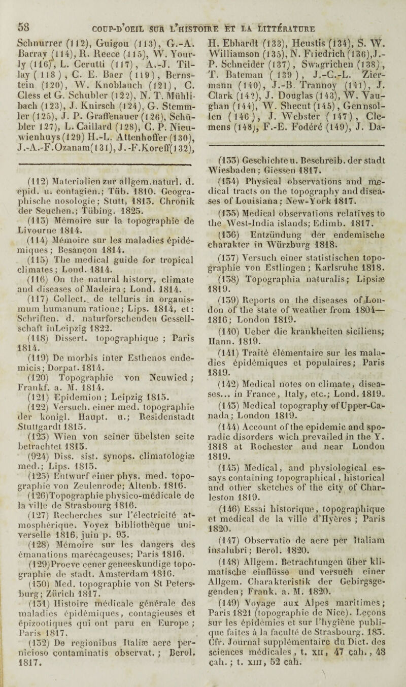 Schnurrer (112), Guigou (113), G.-A. lîarray (114), R. Reece (115), W. Your- ly (IIGJ, L. Gerutti (117), A.-J. Til- lay ( 118 ) , G. E. Baer ( 119 ), Berns¬ tein (120), W. Knoblauch (121), G. Gless et G. Schubler (122), N. T. Mülili- bacli (123), J. Knirsch (124), G. Stemm¬ ier (125), J. P. GralFenauer (126), Scliü- bler 127), L. Gaillard (128), G. P. Nieu- Avienliuys (129) H.-L. Attenhoffer (130), J .-A.-F.Ozanam(l 31), J. -F.Koreff(l 32), (112) Malerialien zur allgem.nalurl. d. epid. Ui contagien.; Tüb. 1810. Geogra- pliische nosologie; Sluft, 1815. Chronik der Seuchen.; Tübing. 1825. (113) Mémoire sur la topographie de Livourne 1814. (114) Mémoire sur les maladies épidé¬ miques ; Besançon 1814. (115) The medical guide for tropical climates; Lond. 1814. (116) On the natural history, climate and diseases of Madeira; Lond. 1814. (117) Collect., de Iclluris in organis- mum humanum ratione ; Lips. 1814, et: Schriften. d. naturforschcnden Gessell- schaft iuLeipzig 1822. (118) Dissert, topographique ; Paris 1814. (119) Do morbis inter Esthenos endc- micis; Dorpaf. 1814. (120) Topographie von Neuwied ; Frankf. a. M. 1814. (121) Epidemion ; Leipzig 1815. (122) VersLich. einer med. topographie der konigl. Haupt. u.; Residenstadt Stuffgardt 1815. (125) Wien von seiner iibelsten seite betrachtet 1815. (924) Diss. sist. synops. climatologiæ med.; Lips. 1815. (125) Enlwurf einer phys. med. topo¬ graphie von Zeulenrode; Altenb. 1816. (12G)Topographie physico-médicale de la ville de Strasbourg 1816. (127) Recherches sur l’électricité at¬ mosphérique. Voyez bibliothèque uni¬ verselle 1816,juin p. 95. (128) Mémoire sur les dangers des émanations marécageuses; Paris 1816. (129) Proeve eener genceskundige topo¬ graphie de stadt. Amsterdam 1816. (150) Med. topographie von St Peters¬ burg; Zurich 1817. (151) Histoire médicale générale des maladies épidémiques, contagieuses et épizootiques qui ont paru en Europe ; Paris 1817. (152) De regionibus Italiæ aere per- nicioso containinatis observât. ; Berol. 1817. H. Ebhardt (133), Heustis (134), S. W. Williamson (135), N. Fiiedrich (136),J.- P. Schneider (137), Swagrichen (138), T. Bateman ( 139), J.-G.-L. Zier- mann (140), J.-B. Trannoy (141), J. Glark (142), J. Douglas (143), W. Yau- ghan (144), W. Shecut (145), Gennsol- len (146 ), J. Webster (147), Gle- mens (148;, F.-E. Fodéré (149), J, Da- (155) Geschichte u. Beschreib. der stadt Wiesbaden; Giessen 1817. (154) Physical observations and nxe- dical tracts on the topography and disea¬ ses of Louisiana; Nevv-York 1817. (155) Medical observations relatives to the West-India islands; Edimb. 1817. (156) Entziindung dor endemische charakter in Würzburg 1818. (157) Versuch einer statistischen topo¬ graphie von Estlingen ; Karlsruhe 1818. (158) Topographia naturalis; Lipsioe 1819. (159) Reports on the diseases of Lon¬ don of the state of weather from 1804— 1816; London 1819. (140) Ueber die krankheiten siciliens; Ilann. 1819. (141) Traité élémentaire sur les mala¬ dies épidémiques et populaires ; Paris 1819. (142) Medical notes on climate, disea¬ ses... in France, Italy, etc.; Lond. 1819., (145) Medical topography ofüpper-Ca- nada; London 1819. (144) Account of the epidemic and spo¬ radic disorders wich prevailed in the Y. 1818 at Rochester and near London 1819. (145) Medical, and physiological es¬ says containing topographical, historical and other sketches of the city of Char¬ leston 1819. (146) Essai historique, topographique et médical de la ville d’IIyères ; Paris 1820. (147) Observatio de aere per Italiam in.salubri; Berôl. 1820. (148) Allgem. Betrachtungen über kli- matisebe einflüsse und versuch einer Allgem. Charakteristik der Gebirgsge- genden; Frank, a. M. 1820. (149) Voyage aux Alpes maritimes; Paris 1821 (topographie de Nice). Leçons sur les épidémies et sur l’hygiène publi¬ que faites à la faculté de Strasbourg. 185. Cfr. Journal supplémentaire du Diet, des sciences médicales , t. xii, 47 cah., 48 cah. ; t, XIII, 52 cah.