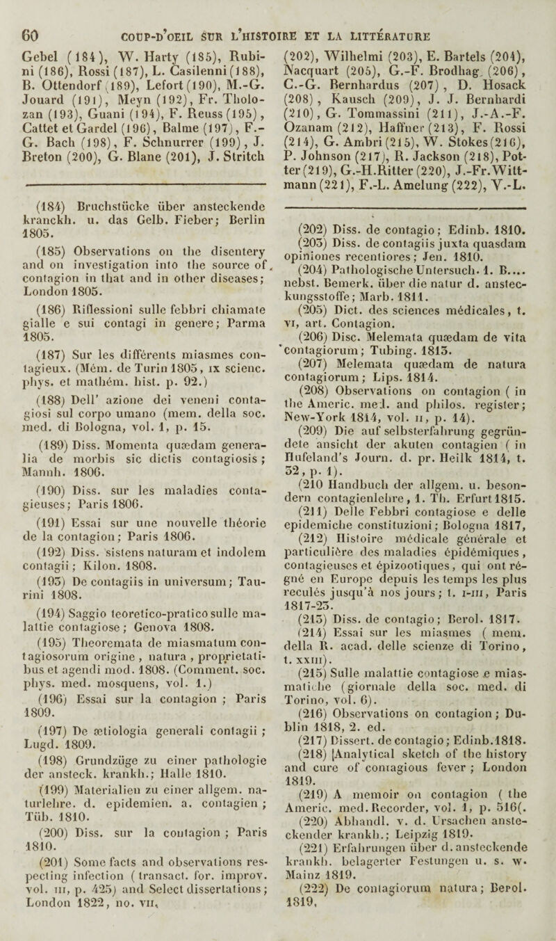 Gebel (184), W. Harty (185), Rubi- ni (186), Rossi (187), L. Gasilenni (1 88), B. Ottendorf , 189), Lefort(190}, M.-G. Jouard (191), Meyn (192), Fr. Tholo- zan (193), Guani (1 94), F. Reuss (195), Caltet el Gardel (196), Balme(197), F.- G. Bach (198), F. Schnurrer (199), J. Breton (200), G. Blane (201), J. Stritcli (184) Bruchstücke über ansteckende kranckh. u. das Gelb. Fieber; Berlin 1805. (185) Observations on the disentery and on investigation into the source of, contagion in that and in other diseases; London 1805. (186) Riflessioni sulle febbri chiamale gialle e sui contagi in genere; Parnia 1805. (187) Sur les différents miasmes con¬ tagieux. (Mém. de Turin 1805, ix scienc. phys. et mathém. hist. p. 92.) (188) Dell’ azione dei veneni conta- giosi sul corpo umano (mem. della soc. med. di Bologna, vol. 1, p. 15. (189) Diss. Momenta quædam genera- lia de morbis sic diclis contagiosis ; Mannh. 1806. (190) Diss. sur les maladies conta¬ gieuses; Paris 1806. (191) Essai sur une nouvelle théorie de la contagion; Paris 1806. (192) Diss. sistens naturam et indolem contagii ; Kilon. 1808. (193) De contagiis in universum; Tau- rini 1808. (194) Saggio teoretico-pratico sulle ma- laltie contagiose ; Genova 1808. (195) Tlieoremata de miasmatum con- tagiosorum origine , natura , proprietati- bus et agendi mod. 1808. (Comment, soc. phys. med. mosquens, vol. 1.) (196) Essai sur la contagion ; Paris 1809. (197) De ætiologia generali contagii ; Lugd. 1809. (198) Grundzügo zu einer pathologie der ansteck. krankh.; Halle 1810. (199) Materialien zu einer allgem. na- turlehre. d. epidemien. a, contagien ; Tüb. 1810. (200) Diss. sur la contagion ; Paris 1810. (201) Some facts and observations res¬ pecting infection ( transact, for. improv. vol. Tii, p. 425) and Select dissertations ; London 1822, no. vii. (202), Wilhelmi (203), E. Bartels (204), Nacquart (205), G.-F. Brodhag, (206), G.-G. Bernhardus (207) , D. Hosack (208), Kausch (209), J. J. Bernhardi (2t0), G. Toramassini (211), J.-A.-F. Ozanam (212), Haffncr (213), F. Rossi (214), G. Ambri (215), W. Stokes (216), P. Johnson (217), R. Jackson (218), Pot¬ ter (219), G.-H.Ritter (220), J.-Fr.Witt- mann (221), F.-L. Amelung (222), V.-L. (202) Diss. de contagio ; Edinb. 1810. (203) Diss. de contagiis juxta quasdam opiniones recentiores; Jen. 1810. (204) PathologischeUntersuch. 1. B.... nebst. Bemerk. iiber die natur d. anstec- kungsstolTe; Marb. 1811. (205) Diet, des sciences médicales, t. VI, art. Contagion. (206) Disc. Melemata quædam de vita 'contagiorum; Tubing. 1813. (207) Melemata quædam de natura contagiorum; Lips. 1814. (208) Observations on contagion ( in the .Americ. meJ. and pliilos. register; New-York 1814, vol. ii, p. 14). (209) Die auf selbsterfahrung gegriin- dete ansicht der akuten contagien ( in Hufeland’s Journ. d. pr. Heilk 1814, t. 32, p. 1). (210 Ilandbuch der allgem. u. beson- dern contagienlelire, 1. Tl). Erfurtl815. (211) Delle Febbri contagiose e delle epidemiclie constituzioni ; Bologna 1817, (212) Histoire médicale générale et particulière des maladies épidémiques , contagieuses et épizootiques , qui ont ré¬ gné en Europe depuis les temps les plus reculés jusqu’à nos jours; t. i-iii, Paris 1817-23. (213) Diss. de contagio; Berol. 1817. (214) Essai sur les miasmes ( mem. della R. acad. delle scienze di Torino, t. xxiii). (215) Sulle malattie contagiose .e mias- maliche (giornale della soc. med. di Torino, vol. 6). (216) Observations on contagion ; Du¬ blin 1818, 2. ed. (217) Dissert, de contagio ; Edinb.1818. (218) {Analytical sketch of the Iiistory and cure of contagious fever ; London 1819. (219) A memoir on contagion ( the Americ. med.Recorder, vol. 1, p. 516(. (220) Abhandl. v. d. Ursachen anste- ckender krankh.; Leipzig 1819. (221) Erfalirungen über d. ansteckende kranki). belagerlcr Festungen u. s. w. Mainz 1819. (222) De contagiorum natura; Berol. 1819,