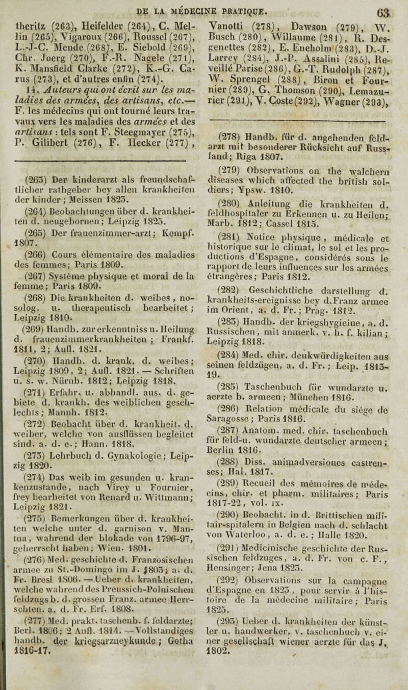 theritz (263), Heifekler (264), C. Mel- liii (265), Vigaroux (266), Roussel (267), L.-J-G. Mende (268), E. Siebold (269), Chr. Joerg (270), F.-R. Nagele (271), K. Mansfield Clarke (272), K.-G. Ca¬ ms (273), et d’autres enfin (274). 14. Auteurs qui ont écrit sur les ma¬ ladies des armées^ des artisans^ etc.— F. les médecins qui ont tourné leurs tra¬ vaux vers les maladies des armées et des artisans : tels sont F. Steegmayer (276), P. Giliberl (276), F. Hecker (277), (263) Der kinderarzt als freundschaf- tliclier rathgeber bey allen krankbeiten der kinder ; Meissen 1823. (264) Beobachtungen über d. krankhei- ten d. neugebornen; Leipzig 1825. (265) Der frauenzimmer-arzt ; Kempf. 1807. (266) Cours élémentaire des maladies des femmes; Paris 1809. (267) Système physique et moral de la femme; Paris 1809. (268) Die krankbeiten d. weibes , no- solog. U. tlierapeutiscb bearbeifet ; Leipzig 1810. (269) Handb. zur erkenntniss u. Ileilung d. frauenzimmerkrankheiten ; Frankf. 1811, 2; AuQ. 1821. (270) Ilandb. d. krank. d. weibes; Leipzig 1809, 2; Aud. 1821. — Scbriften U. s. w. Nürnb. 1812; Leipzig 1818. (271) Erfabr. u. abliandl. ans. d. ge- biete d. krankh. des weiblicben gescli- lecbts ; Mannh. 1812. (272) Beobacbt über d. krankheit. d. weiber, welcbe von ausflüssen begleitet sind. a. d. e. ; Hann. 1818. (273) Lebrbuch d. Gynakologie ; Leip¬ zig 1820. (274) Das weib im gesunden u. kran- kenzustande, nach Yirey u Fournier, frey bearbeitet von Renard u. Wiltmann; Leipzig 1821. (275) Bemerkungen über d. krankhei- ten welcbe unter d. garnison v. Man¬ tua , wahrend der blokade von 1796-97, gelmiTscljt baben; Wien. 1801. (276) Med. geschicbte d. Franzosiscben armee zu St.-Domingo im J. 1803;- a. d. Fr. Bresl 1S06.—Ueber d. krankljciten, welcbe wabrenddes Preussicb-PoJniscbeu feldzugsb. d.grossen Franz, armee Ilerr- sclilen. a. d. Fr. Erf. 1808. (277) Med. prakt. tascbenb. f. feldarzte; Berl. 1806; 2 Aull. 1814. —Yollstandiges liandb. der kriegsarzueykunde ; Gotha 1816-17. Yanotti (278), Dawson (279), W. Ruscli (280), Willaume (281), R. Des- genettes (282), E. Eneholm (283), D.-J. Larrey (284), J.-P. Assalini (285), Re¬ veillé Parise(286),G.-T. Rudolph (287), W. Sprengel (288), Biron et Four¬ nier (289), G. Thomson (290), Lemazu- rier (291), Y. Goste(292), Wagner (293), (278) Handb. für d. angelienden feld- arzt mit besonderer Rücksicht auf Russ- land; Riga 1807. (279) Observations on the walchern diseases which affected the British sol¬ diers; Ypsw. 1810. (280) Anleitung die krankbeiten d. feldhospitaler zu Erkennen u. zu Heilen: Marb. 1812; Cassel 1815. (281) Notice physique , médicale et historique sur le climat, le sol et les pro¬ ductions d’Espagne, considérés sous le rapport de leurs influences sur les armées étrangères; Paris 1812. (282) Geschichtlicbe darstellung d. kranklieits-ereignisse bey d.Franz armee im Orient, a. d. Fr.; Prag. 1812. (283) Handb. der kriegshygieine, a. d. Russischen, mit anmerk. v. b. f. kilian ; Leipzig 1818. (284) Med. chir. deukwürdigkeiten aus seinen feldzügen, a. d. Fr. ; Leip. 1813- 19. (285) Taschenbuch für wundarzte u. aerzte b. armeen; München 1816. (286) Relation médicale du siège de Saragosse ; Paris 1816. (287) Anatom, med. chir. taschenbuch für feld-Li. wundarzte deutseber armeen; Berlin 1816. (288) Diss. animadversiones castren- ses; Hal. 1817. (289) Recueil des mémoires de méde¬ cins, chir. et pbarm. militaires; Paris 1817-22, vol. IX. (290) Beobacbt. in d. Brittischen milî- tair-spifalern in BeJgien nacb d. scblacbt von Waterloo, a. d. e. ; Halle 1820. (291) Medicinisebe geschicbte der Rus- siseben feldzuges, a. d. Fr. von c. F., Ilensinger; Jena 1823. (292) Observations sur la campagne d’Espagne en 1823, pour servir à l’bis- toire de la médecine militaire; Paris 1825. (293) Ueber d. krankbeiten der künst- 1er u. bandwerker, v. tasebenbueb v. ei- ner gcsellschaft wiener aerzte für das J. 1802.