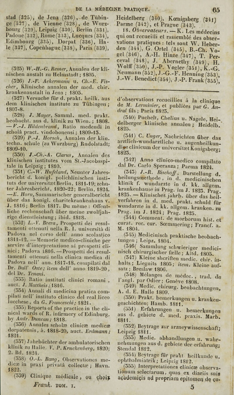 slad (325), de Jeiia (326), de Tübin- g-e (327), de Vienne (328), de Würz¬ bourg (329), Leipzig (330), Berlin (331), Padoue(332), Rome(3 13), Lucqiies (334), Edimbourg (336), Dorpat (336), Ha¬ ie (337), Copenhague (338), Paris (339), (325) W.-H.-G. Remer, kimmlen derkli- nischen anstalt zu Helmstadt ; 1805. (526) J.-F. Ackerrnann u. Cli.-E. Fis¬ cher, Klinische annalen der med. cbir. krankenanstalt in Jena ; 1805. (327) Versuche für d. prakt. beilk. aus dem klinischen institute zu Tübingen ; 1807-8. (328) /. Mayer, Samml. med. prakt. beobacht. aus d. klinik zu Wien. ; 1808. — F.-J. Hildenbrand, Ratio medendi in scholâ pract. vindobonensi ; 1809-13. (329) P.-J. H or s ch, Annalen der klin. techn. schule (zu Wurzburg) Rudolstadt; 1809-10. (330) Claims, Annalen des klinischen institutes vora St.-Jacobsspi- tale in Leipzig; 1810. (331) C.-W. Hufeland, Neunter Jahres- bericbt d. konigl. polichlinischen insti¬ tuts der universitætRerlin, 1811-19; zehn- ter Jahresbericbt, 1820-22; Berlin, 1824. — E. Horn, Summarischer generalbericbt über das konigl. charitekrankenbaus v. J. 1816; Berlin 1817. Du même: Offent- licbe rechenschaft über meine zwolfjah- rige dienstleistung; ibid. 1818. (552) L.-V. Brera, Prospetti dei resul- lamenti oîienuti nella R. I. universilà di Padova nel corso dell’ anno scolastico 1811-12. —Ulemorie medico-clinicbe per servire d’interpretazione ai prospetti cli- nici ; Padova 1816.—Prospetti dei resul- tamenfi ottenuti nella clinica medica di Padova nelT ann. 1817-18, compilati dal Dr. Dair Oste; item delT anno 1819-20, del Dr. Tenani. (335) Ratio instituti clinici romani , aucl. J. Mattheis; i^iQ. (334) Annali di medîcina pratica com¬ pilati neir instituto clinico del real liceo lucchese, da G. Franceschi; 1821. (335) Reports of the practice in the cli¬ nical wards of R. infîrmery of Edinburg, by Andr. Duncan; 1818. (336) Annales scholce clinicte medicae dorpatensis, à. 1818-20, auct. Erdmann; 1821. (.537) Jahrbüchter der ambulatorischen klinik zu Halle. V. P. Kruckenberq, 1820; 2. Bd. 1824. (538) O.-L. Bang, Observationes me- dicæ in praxi privala colleclæ ; Havn. 1822. (539) Clinique médicale , ou Frank. ïom, r. jieiueioerg (34U), Kœiiigsberg (341) Parme (342), et Prague (343). 18. Observciteurs. — K. Les médecins qui ont recueilli et rassemble des obser¬ vations pratiques : tels sont W. Heber- den (344), G. Ortel (345), B.-Ch. Vo¬ gel (346), A.-H. Hinze (347), T. Per¬ ceval (348), J. Abernethy (349) H Wolff (350), .T.-P. Vogler (351), K^-G. Neumann (352), J .-G.-F. Henning (353) J.-W. Benedict (354), J.-P. Frank (355), d’observations recueillies à la clinique de M. Lerminier, et publiées par G. An- dral fils; Paris 1823. (340) Puchelt, Chelius u. Nagele, Hei- delberger klinische annalen : Heidelh * 1825. (341) C. Unger, Nachrichten über das arztlich-wundarztliche u. augenheilkun- di§e clinicum der universitæt Koni^sbero- 1823. ^ °* (342) Anno clinico-medico compilato dal Dr. Carlo Speranza ; Parma 1824. (34o) J.-R. Bischoff, Darstellung d, heilungsmethode, in d. medicinischen klimk f. wundarzte in d. kk. allgem. krankenhause in Prag. im J. 1823. Prag. 1825. — Klinisches jahrb. über das heil*- verfahren in d. med. prakt. schuld für wundarzte in d. kk. allgem. kranken. zu Prag. im J. 1824; Prag. 1825. (344) Comment, de morborum hist, et Sœmmering; Francf. a. (345) Medicinisch praklische beobach- tungen ; Leipz. 1804. (346( Sammlung schwieriger medici¬ nisch chirurgischer fælle ; Altd. 1803. (347) Kleine shcriften medic, chir.*in- halts; Liegnits 1805; item. Kleine auf- safz ; Breslaw 1806. ^ (348) Mélanges de médec. , trad, de l’angl. parodier; Genève 1808. (o49) Medic, chirurg. beobachtungen, A. d. E. Halle 1809. (350) Prakt. bemerkungen u. kranken- geschichten; Hamb. 1811. (551) Erfahrungen u. bemerkunaeu aus d. gebiete d. med. praxis. Marb. 1811. (352) Beytrage zur arzneyvvissenschaft* Leipzig 1811. ' (355) Medic, abhandlungen u. wahr- nehmungen aus d. gebiete der erfahrunc^- Stendal 1812. °' (354) Beytrage für prakt heilkunde u. ophtbalmiatrik; Leipzig 1812. (355) Interpretationes clinicæ observa- tionum selectarum, quas ex diariis suis açaderaiçis ad propria m epitomea de cu' 5