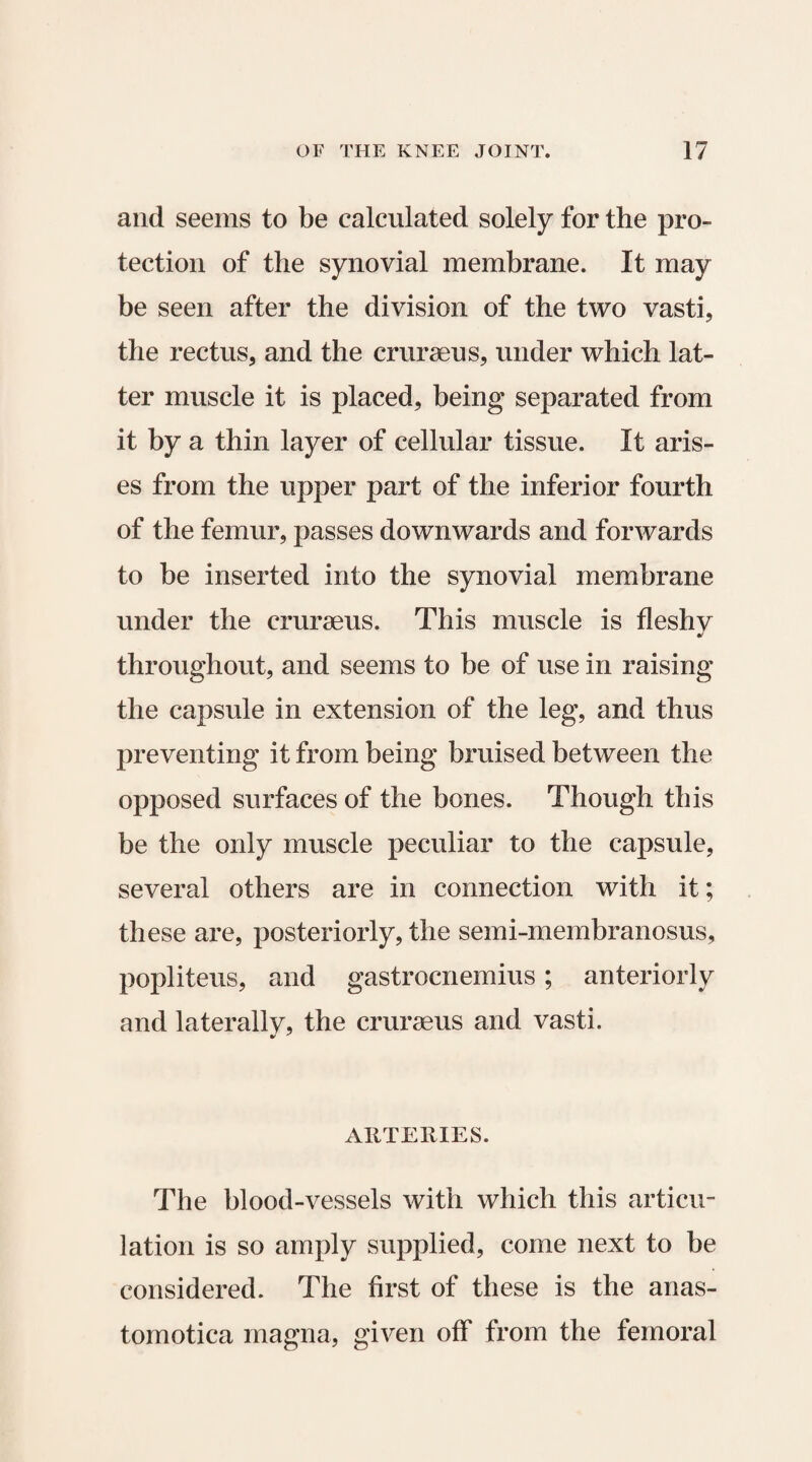 and seems to be calculated solely for the pro¬ tection of the synovial membrane. It may be seen after the division of the two vasti, the rectus, and the crurseus, under which lat¬ ter muscle it is placed, being separated from it by a thin layer of cellular tissue. It aris¬ es from the upper part of the inferior fourth of the femur, passes downwards and forwards to be inserted into the synovial membrane under the crurseus. This muscle is fleshy throughout, and seems to be of use in raising the capsule in extension of the leg, and thus preventing it from being bruised between the opposed surfaces of the bones. Though this be the only muscle peculiar to the capsule, several others are in connection with it; these are, posteriorly, the semi-membranosus, popliteus, and gastrocnemius; anteriorly and laterallv, the cruraeus and vasti. ARTERIES. The blood-vessels with which this articu¬ lation is so amply supplied, come next to be considered. The first of these is the anas- tomotica magna, given off from the femoral