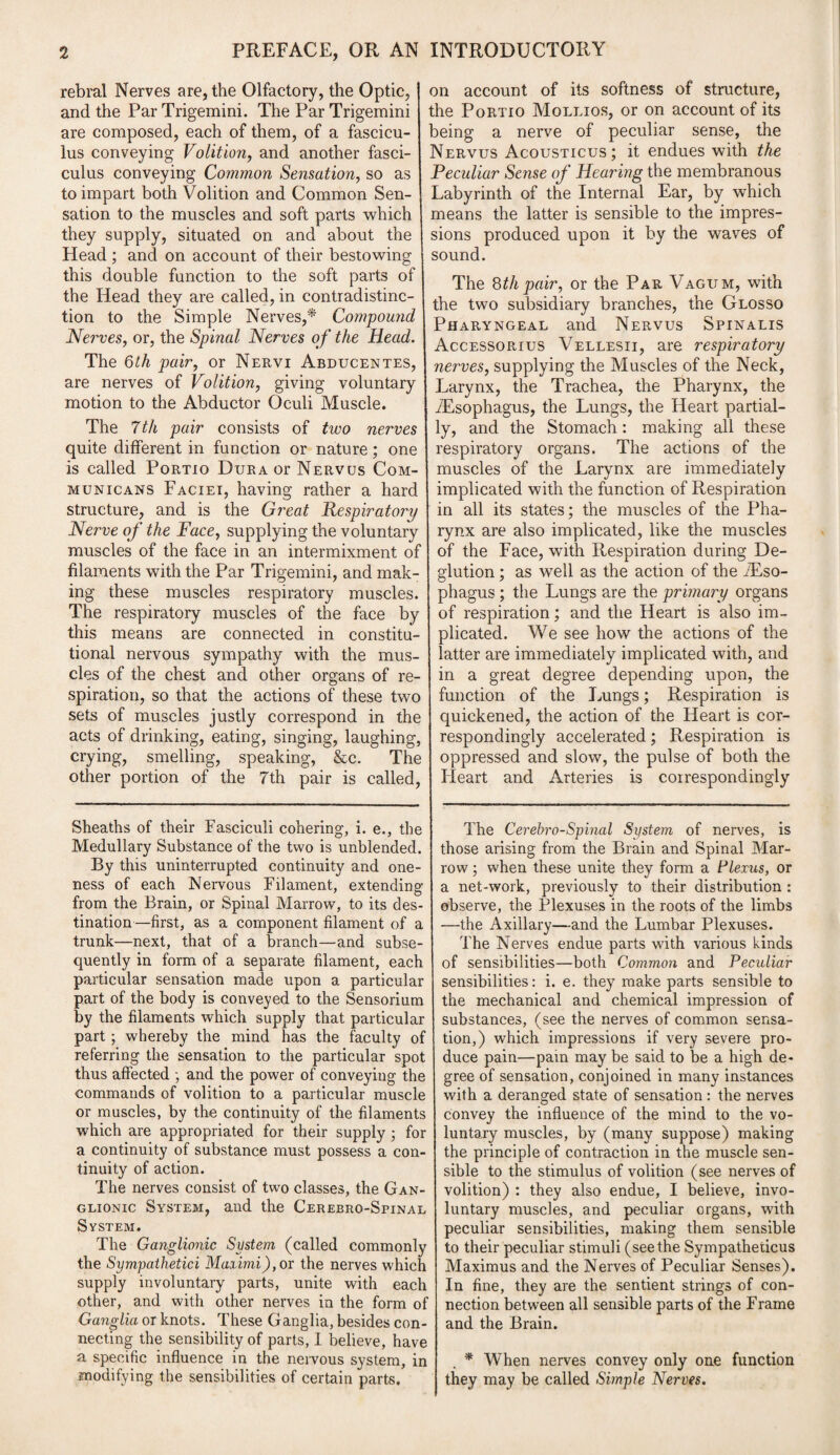 rebral Nerves are, the Olfactory, the Optic, and the Par Trigemini. The Par Trigemini are composed, each of them, of a fascicu¬ lus conveying Volition, and another fasci¬ culus conveying Common Sensation, so as to impart both Volition and Common Sen¬ sation to the muscles and soft parts which they supply, situated on and about the Head ; and on account of their bestowing this double function to the soft parts of the Head they are called, in contradistinc¬ tion to the Simple Nerves,* Compound Nerves, or, the Spinal Nerves of the Head. The 6th pair, or Nervi Abducentes, are nerves of Volition, giving voluntary motion to the Abductor Oculi Muscle. The 7th pair consists of two nerves quite different in function or nature; one is called Portio Dura or Nervus Com- municans Faciei, having rather a hard structure, and is the Great Respiratory Nerve of the Face, supplying the voluntary muscles of the face in an intermixment of filaments with the Par Trigemini, and mak¬ ing these muscles respiratory muscles. The respiratory muscles of the face by this means are connected in constitu¬ tional nervous sympathy with the mus¬ cles of the chest and other organs of re¬ spiration, so that the actions of these two sets of muscles justly correspond in the acts of drinking, eating, singing, laughing, crying, smelling, speaking, &c. The other portion of the 7th pair is called, Sheaths of their Fasciculi cohering, i. e., the Medullary Substance of the two is unblended. By this uninterrupted continuity and one¬ ness of each Nervous Filament, extending from the Brain, or Spinal Marrow, to its des¬ tination—first, as a component filament of a trunk—next, that of a branch—and subse¬ quently in form of a separate filament, each particular sensation made upon a particular part of the body is conveyed to the Sensorium by the filaments which supply that particular part; whereby the mind has the faculty of referring the sensation to the particular spot thus affected ; and the power of conveying the commands of volition to a particular muscle or muscles, by the continuity of the filaments which are appropriated for their supply ; for a continuity of substance must possess a con¬ tinuity of action. The nerves consist of two classes, the Gan¬ glionic System, and the Cerebro-Spinal System. The Ganglionic System (called commonly the Sympathetici Maximi), or the nerves which supply involuntary parts, unite with each other, and with other nerves in the form of Ganglia or knots. These Ganglia, besides con¬ necting the sensibility of parts, I believe, have a specific influence in the nervous system, in modifying the sensibilities of certain parts. on account of its softness of structure, the Portio Mollios, or on account of its being a nerve of peculiar sense, the Nervus Acousticus ; it endues with the Peculiar Sense of Hearing the membranous Labyrinth of the Internal Ear, by which means the latter is sensible to the impres¬ sions produced upon it by the waves of sound. The 8th pair, or the Par Vagum, with the two subsidiary branches, the Glosso Pharyngeal and Nervus Spinalis Accessorius Vellesii, are respiratory nerves, supplying the Muscles of the Neck, Larynx, the Trachea, the Pharynx, the JEsophagus, the Lungs, the Heart partial¬ ly, and the Stomach: making all these respiratory organs. The actions of the muscles of the Larynx are immediately implicated with the function of Respiration in all its states; the muscles of the Pha¬ rynx are also implicated, like the muscles of the Face, with Respiration during De- glution; as well as the action of the JEso- phagus ; the Lungs are the primary organs of respiration; and the Heart is also im¬ plicated. We see how the actions of the latter are immediately implicated with, and in a great degree depending upon, the function of the Lungs; Respiration is quickened, the action of the Heart is cor¬ respondingly accelerated; Respiration is oppressed and slow, the pulse of both the Heart and Arteries is correspondingly The Cerebro-Spinal System of nerves, is those arising from the Brain and Spinal Mar¬ row ; when these unite they form a Plexus, or a net-work, previously to their distribution : observe, the Plexuses in the roots of the limbs —the Axillary—and the Lumbar Plexuses. The Nerves endue parts with various kinds of sensibilities—both Common and Peculiar sensibilities: i. e. they make parts sensible to the mechanical and chemical impression of substances, (see the nerves of common sensa¬ tion,) which impressions if very severe pro¬ duce pain—pain may be said to be a high de¬ gree of sensation, conjoined in many instances with a deranged state of sensation : the nerves convey the influence of the mind to the vo¬ luntary muscles, by (many suppose) making the principle of contraction in the muscle sen¬ sible to the stimulus of volition (see nerves of volition) : they also endue, I believe, invo¬ luntary muscles, and peculiar organs, with peculiar sensibilities, making them sensible to their peculiar stimuli (seethe Sympatheticus Maximus and the Nerves of Peculiar Senses). In fine, they are the sentient strings of con¬ nection between all sensible parts of the Frame and the Brain. * When nerves convey only one function they may be called Simple Nerves.