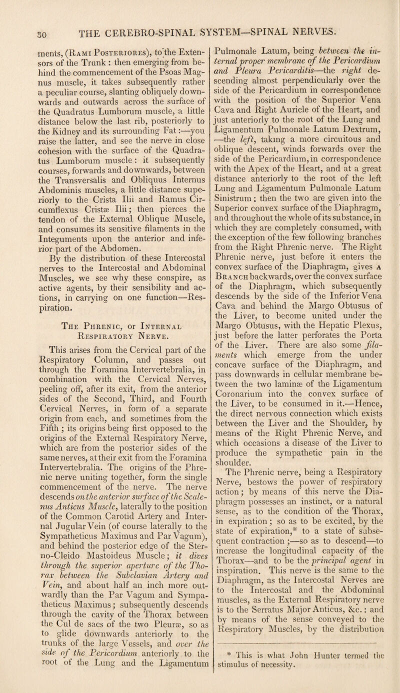 ments, (Rami Posteriores), to'the Exten¬ sors of the Trank : then emerging from be¬ hind the commencement of the Psoas Mag¬ nus muscle, it takes subsequently rather a peculiar course, slanting obliquely down¬ wards and outwards across the surface of the Quadratus Lumborum muscle, a little distance below the last rib, posteriorly to the Kidney and its surrounding Fat:—you raise the latter, and see the nerve in close cohesion with the surface of the Quadra¬ tus Lumborum muscle : it subsequently courses, forwards and downwards, between the Transversalis and Obliquus Internus Abdominis muscles, a little distance supe¬ riorly to the Crista Ilii and Ramus Cir- cumflexus Crists Ilii; then pierces the tendon of the External Oblique Muscle, and consumes its sensitive filaments in the Integuments upon the anterior and infe¬ rior part of the Abdomen. By the distribution of these Intercostal nerves to the Intercostal and Abdominal Muscles, we see why these conspire, as active agents, by their sensibility and ac¬ tions, in carrying on one function—Res¬ piration. The Phrenic, or Internal Respiratory Nerve. This arises from the Cervical part of the Respiratory Column, and passes out through the Foramina Intervertebralia, in combination with the Cervical Nerves, peeling off, after its exit, from the anterior sides of the Second, Third, and Fourth Cervical Nerves, in form of a separate origin from each, and sometimes from the Fifth ; its origins being first opposed to the origins of the External Respiratory Nerve, which are from the posterior sides of the same nerves, at their exit from the Foramina Intervertebralia. The origins of the Phre¬ nic nerve uniting together, form the single commencement of the nerve. The nerve descends on the anterior surface of the Scale¬ nus Anticus Muscle, laterally to the position of the Common Carotid Artery and Inter¬ nal Jugular Vein (of course laterally to the Sympatheticus Maximus and Par Vaguin), and behind the posterior edge of the Ster- no-Cleido Mastoideus Muscle; it dives through the superior aperture of the Tho¬ rax between the Subclavian Artery and Vein, and about half an inch more out¬ wardly than the Par Vagum and Sympa¬ theticus Maximus; subsequently descends through the cavity of the Thorax between the Cul de sacs of the two Pleurae, so as to glide downwards anteriorly to the trunks of the large Vessels, and over the side of the Pericardium anteriorly to the root of the Lung and the Ligamentum Pulmonale Latum, being between the in¬ terned proper membrane of the Pericardium and Pleura Pericarditis—the right de¬ scending almost perpendicularly over the side of the Pericardium in correspondence with the position of the Superior Vena Cava and Right Auricle of the Heart, and just anteriorly to the root of the Lung and Ligamentum Pulmonale Latum Dextrum, •—the left, taking a more circuitous and oblique descent, winds forwards over the side of the Pericardium, in correspondence with the Apex of the Heart, and at a great distance anteriorly to the root of the left Lung and Ligamentum Pulmonale Latum Sinistrum; then the two are given into the Superior convex surface of the Diaphragm, and throughout the whole of its substance, in which they are completely consumed, with the exception of the few following branches from the Right Phrenic nerve. The Right Phrenic nerve, just before it enters the convex surface of the Diaphragm, gives a Branch backward s, over the convex surface of the Diaphragm, which subsequently descends by the side of the Inferior Vena Cava and behind the Margo Obtusus of the Liver, to become united under the Margo Obtusus, with the Hepatic Plexus, just before the latter perforates the Porta of the Liver. There are also some fda- ments which emerge from the under concave surface of the Diaphragm, and pass downwards in cellular membrane be¬ tween the two laminae of the Ligamentum Coronarium into the convex surface of the Liver, to be consumed in it.—Hence, the direct nervous connection which exists between the Liver and the Shoulder* by means of the Right Phrenic Nerve, and which occasions a disease of the Liver to produce the sympathetic pain in the shoulder. The Phrenic nerve, being a Respiratory Nerve, bestows the power of respiratory action; by means of this nerve the Dia¬ phragm possesses an instinct, or a natural sense, as to the condition of the Thorax, in expiration; so as to be excited, by the state of expiration,* to a state of subse¬ quent contraction ;—so as to descend—to increase the longitudinal capacity of the Thorax—and to be the principal agent in inspiration. This nerve is the same to the Diaphragm, as the Intercostal Nerves are to the Intercostal and the Abdominal muscles, as the External Respiratory nerve is to the Serratus Major Anticus, &c.: and by means of the sense conveyed to the Respiratory Muscles, by the distribution * This is what John Hunter termed the stimulus of necessity.