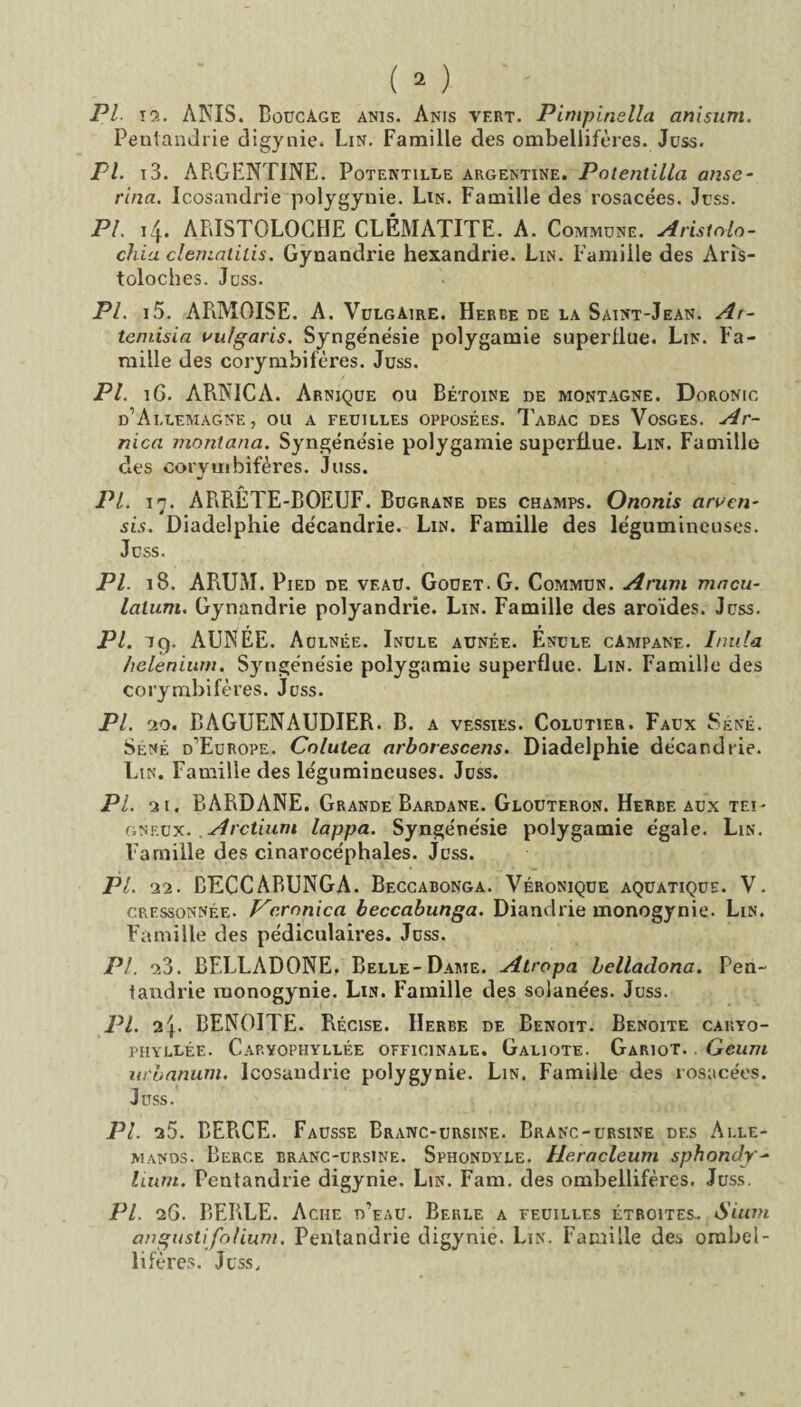 PL t2. AKIS. BoucAge anis. Anis vert. Pimpinella anisum. Pentandrie digynie. Lin. Famille des ombellifères. Juss. PI. i3. ARGENTINE. Potentille argentine. Potentilla anse- rina. Icosandrie polygynie. Lin. Famille des rosacées. Juss. PI. 14. ARISTOLOCHE CLÉMATITE. A. Commune. Aristolo¬ chia clemcititis. Gynandrie hexandrie. Lin. Famille des Aris¬ toloches. Juss. PL i5. ARMOISE. A. Vulgaire. Herbe de la Saint-Jean. Ar- temisia uu/garis. Syngénésie polygamie superflue. Lin. Fa¬ mille des corymbifères. Juss. PL 16. ARNICA. Arnique ou Bétoine de montagne. Doronic d’Allemagne, ou a feuilles opposées. Tabac des Vosges. Ar¬ nica montana. Syngénésie polygamie superflue. Lin. Famille des corvmbifères. Juss. A_ PL. 17. ARRETE-BOEUF. Bugrane des champs. Ononis arvcn- sis. Diadelphie décandrie. Lin. Famille des légumineuses. Juss. Pl. 18. ARUM. Pied de veau. Gouet.G. Commun. Arum macu- lalum. Gynandrie polyandrie. Lin. Famille des aroïdes. Juss. PL 19. AUNEE. Aulnée. Inule aunée. Énule càmpane. Inula fielenium. Syngénésie polygamie superflue. Lin. Famille des corymbifères. Juss. Pl. 20. BAGUENAUDIER. B. a vessies. Colutier. Faux Séné. Séné d’Europe. Colutea arborescens. Diadelphie décandrie. Lin. Famille des légumineuses. Juss. PL 31. BARDANE. Grande Bardane. Glouteron. Herbe aux tei • gnf.ux. Arçtiuni lappa. Syngénésie polygamie égale. Lin. Famille des cinarocéphales. Juss. PL 22. BECCABUNGA. Beccabonga. Véronique aquatique. V. cressonnée. Vc.rnnica beccabunga. Diandrie monogynie. Lin. Famille des pédiculaires. Juss. PL 23. BELLADONE. Belle-Dame. Atropa belladona. Pen- tandrie monogynie. Lin. Famille des solanées. Juss. PL 2\. BENOITE. Récise. Herbe de Benoit. Benoîte caryo- PHYLLÉE. CaF.YOPHYLLÉE OFFICINALE. GaLIOTE. GaRIOT. Gcum urbanum. Icosandrie polygynie. Lin. Famille des rosacées. Juss. PL 25. BERCE. Fausse Branc-ursine. Branc-ursine df.s Alle¬ mands. Berce branc-ursine. Sphondyle. Heracleum sphondy- hum. Pentandrie digynie. Lin. Fam. des ombellifères. Juss. Pl. 26. BERLE. Aciie d’eau. Berle a feuilles étroites- Sium angusti folium. Pentandrie digynie. Lin. Famille des ombel¬ lifères. Juss.