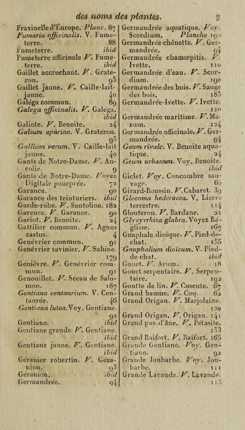 4° Fraxinelled’Éurope. Plane. 87 Fumaria ojficinalis. V. Fume- _ terre. 88 Fumeterre officinale F. Furne- Gaillet accrochant. V. Grate- ron. g5 Gaillet jaune. F. Caille-lait jaune. Gale'ga commun. 89 Galega officinalis. V'. Gale'ga. ibid Galiote. F. Benoîte. 24 Galium aparine. V. Grateron. 95 Gallium verum. Y. Caille-lait jaune. 4° Gants de Notre-Dame. F. An- colie. 9 Gants de Notre-Dame. F oyez Digitale pourprée. 72 Garance. 90 Garance des teinturiers, ibid Garde-robe. V'. Santoline. 182 Carence. V. Garance. 90 Gariot. V. Benoite. 24 Gattilicr commun. F. Agnus castus. 4 Genévrier commun. 91 Genévrier savinier. F. Sabine. 179 Genièvre. F. Genévrier com¬ mun. 91 Genouillet. F. Sceau de Salo¬ mon. 187 Genliana centaurium. V. Cen¬ taurée. 46 Gentiana lutea.Yoy. Gentiane. . * 92 Gentiane. ibid Gentiane grande. F. Gentiane. ibid. Gentiane jaune. F. Gentiane. ibid Géranier robertin. F. Géra- nion. Géranion. ibid Germandrée. 94 2j Germandrée aquatique. Foy. Scordium, Planche 190 Germandrée chênette. F. Ger- Germandrée chamcepitis. 'F. Germandrée d’eau. F. Scor¬ dium. 190 Germandrée des bois. F\ Sauge des bois. i85 Germandrée-Ivette. F. Ivette. 110 Germandrée maritime. F. Ma- vu m. 124 Germandrée officinale. F. Ger¬ mandrée. gj. Geum rivale. V. Benoite aqua tique. Geum urbanum. Voy. Benoite. ibid Giclet. Foy. Concombre sau¬ vage. Go Girard-Roussin. ^.Cabaret. 3g Glecoma hederacea. V. Lierre terrestre. 114 Glouteron. F. Bardane. 21 Glycyrrhiza glabra. Voyez Ré¬ glisse. 1G7 Gnaphale dioïque. F. Pied-de- chat. i55 Gnaphalium dioïeurn. V. Pied- de-chat. ibid Gouet. F. Arum. iS Gouet serpentaire. F. Serpen¬ taire. 192 Goutte de lin. F. Cuscute. 67 Grand baume. F. Coq. 62 Grand Origan. F. Marjolaine, 120 Grand Origan. F. Origan. 141 Grand pas d’àne. F. Pétasite. i53 Grand Raifort. F. Raifort. i65 Grande Gentiane. Foy. Gen¬ tiane. 92 Grande Joubarbe. F oy. Jou¬ barbe. in Grande Lavande. ^.Lavande. 11.3