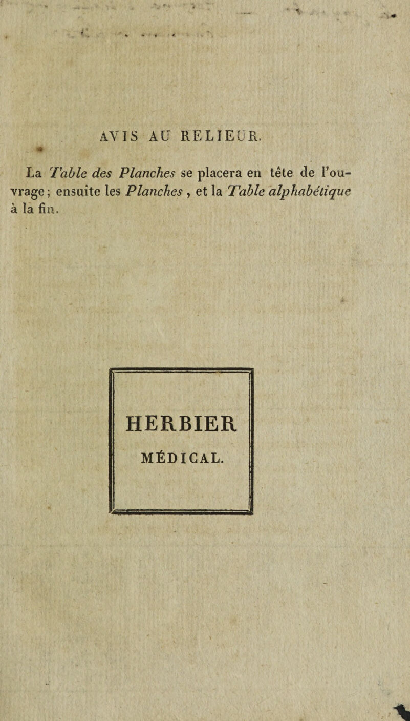 AVIS AU RELIEUR. JP La Table des Planches se placera en tête de l'ou¬ vrage ; ensuite les Planches , et la Table alphabétique à la fin. HERBIER MÉDICAL. *——■——— ii i i