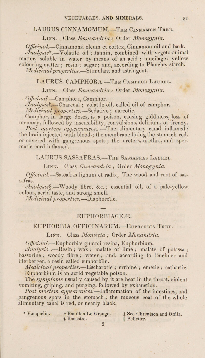 LAURUS CINNAMOMUM.—The Cinnamon Tree. Linn. Class Enneandria ; Order Monogynia. Officinal.—Cinnamomi oleum et cortex, Cinnamon oil and bark. Analysis*.—Volatile oil ; dannin, combined with vegelo-ahima! matter, soluble in water by means of an acid ; mucilage; yellow colouring matter ; resin ; sugar; and, according to Planche, starch. Medicinal properties.—Stimulant and astringent. LAURUS C AMPHORA.—The Camphor Laurel. Linn. Class Enneandria ; Order Monogynia. Off cm cil.—C am ph or a, C am ph or. Analysisf.—Charcoal ; volatile oil, called oil of camphor. Medicinal properties.—Sedative ; narcotic. Camphor, in large doses, is a poison, causing giddiness, loss of memory, followed by insensibility, convulsions, delirium, or frenzy. Post mortem cippearances%.—The alimentary canal inflamed ; the brain injected with blood-; the membrane lining the stomach red, or covered with gangrenous spots ; the ureters, urethra, and sper¬ matic cord inflamed. LAURUS SASSAFRAS.—The Sassafras Laurel. Linn. Class Enneandria ; Order Monogynia. Officinal.—Sassafras lignum et radix, The wood and root of sas¬ safras. Analysis§.—Woody fibre, &c.; essential oil, of a pale-yellow colour, acrid taste, and strong smell. Medicinal properties.—Diaphoretic. EUPHORBIACEiE. EUPHORBIA OFFICINARUM.—Euphorbia Tree. / Linn. Class Monoecia ; Order Monandria. Officinal.— Euphorbiae gummi resina, Euphorbium. Analysis||.—Resin ; wax ; malate of lime ; malate of potassa ; bassorine ; woody fibre ; water ; and, according to Buchner and Herberger, a resin called euphorbiin. Medicinal properties.—Escharotic ; errhine ; emetic ; cathartic. Euphorbium is an acrid vegetable poison. The symptoms usually caused by it are heat in the throat, violent vomiting, griping, and purging, followed by exhaustion. Post mortem appearances.—Inflammation of the intestines, and gangrenous spots in the stomach ; the mucous coat of the wThole alimentary canal is red, or nearly black. * Vauquelin. f Bouillon Le Grange. X See Christison and Orfila. § Bonastre. j| Pelletier. 3