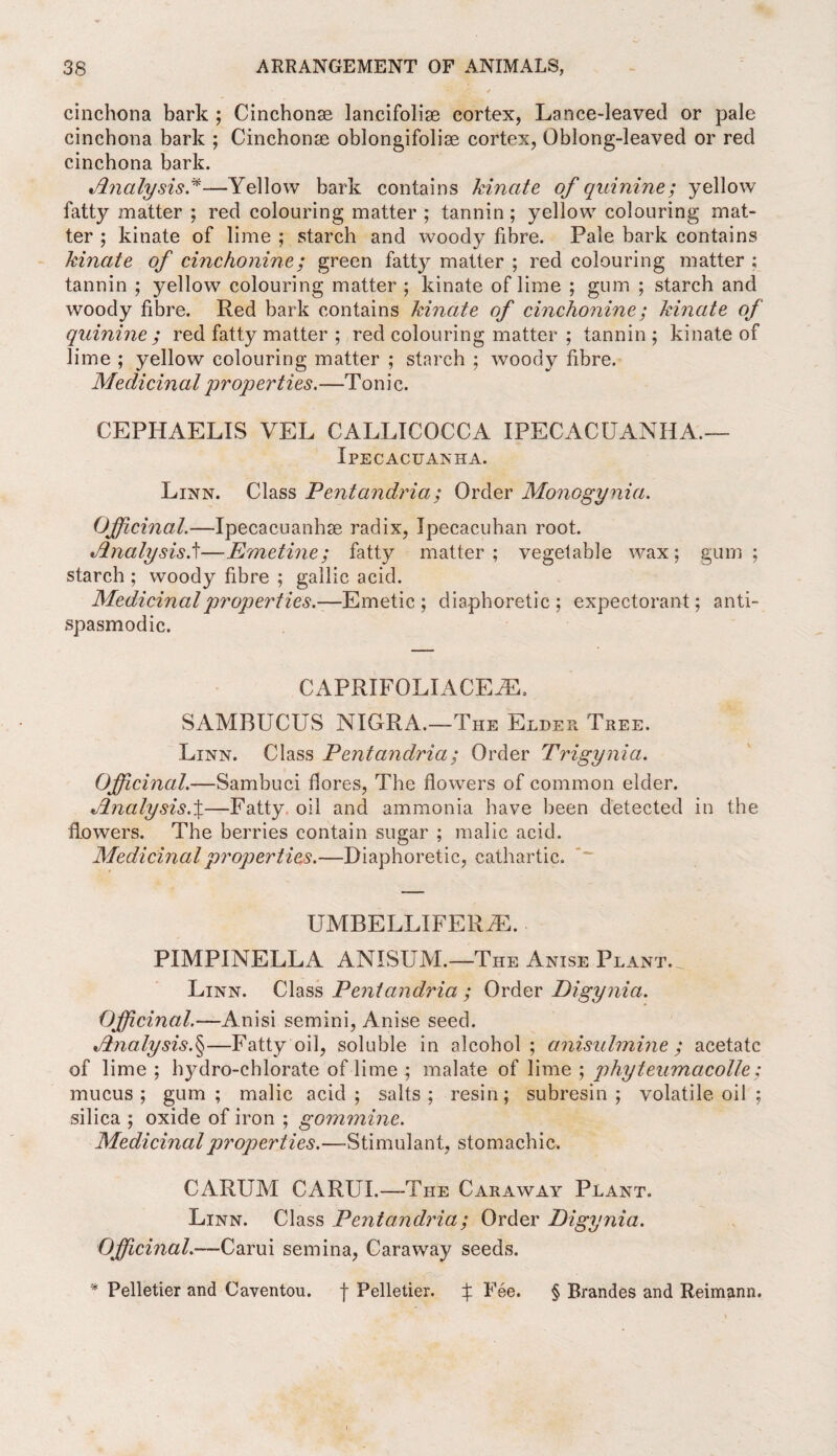 cinchona bark ; Cinchonse lancifoliae cortex, Lance-leaved or pale cinchona bark ; Cinchonae oblongifoliae cortex, Oblong-leaved or red cinchona bark. *Analysis*-—Yellow bark contains kinate of quinine; yellow fatty matter ; red colouring matter ; tannin ; yellow colouring mat¬ ter ; kinate of lime ; starch and woody fibre. Pale bark contains kinate of cinchonine; green fatty matter ; red colouring matter ; tannin ; yellow colouring matter ; kinate of lime ; gum ; starch and woody fibre. Red bark contains kinate of cinchonine; kinate of quinine ; red fatty matter ; red colouring matter ; tannin ; kinate of lime ; yellow colouring matter ; starch ; woody fibre. Medicinal properties.—Tonic. CEPHAELIS VEL CALLICOCCA IPECACUANHA.— Ipecacuanha. Linn. Class Pentandria; Order Monogynia. Officinal.—Ipecacuanhse radix, Ipecacuhan root. Analysis.t—Emetine; fatty matter; vegetable wax; gum; starch ; woody fibre ; gallic acid. Medicinal properties.—Emetic; diaphoretic; expectorant; anti- spasmodic. CAPRIFOLIACEiE. SAMBUCUS NIGRA.—The Elder Tree. Linn. Class Pentandria; Order Trigynia. Officinal.—Sambuci fiores, The flowers of common elder. Jlnalysis.%—Fatty oil and ammonia have been detected in the flowers. The berries contain sugar ; malic acid. Medicinal properties.—Diaphoretic, cathartic. UMBELLIFERiE. PIMPINELLA ANISUM.—The Anise Plant.. Linn. Class Pentandria ; Order Digynia. Officinal.—Anisi semini, Anise seed. »Analysis.^—Fatty oil, soluble in alcohol; anisulmine ; acetate of lime ; hydro-chlorate of lime ; malate of lime ; phyteumacolle; mucus; gum; malic acid; salts; resin; subresin; volatile oil ; silica ; oxide of iron ; gommine. Medicinal properties.—-Stimulant, stomachic. CARUM CARUL—The Caraway Plant. Linn. Class Pentandria; Order Digynia. Officinal.-—Carui semina, Caraway seeds. * Pelletier and Caventou. f Pelletier, f. Fee. § Brandes and Reimann.