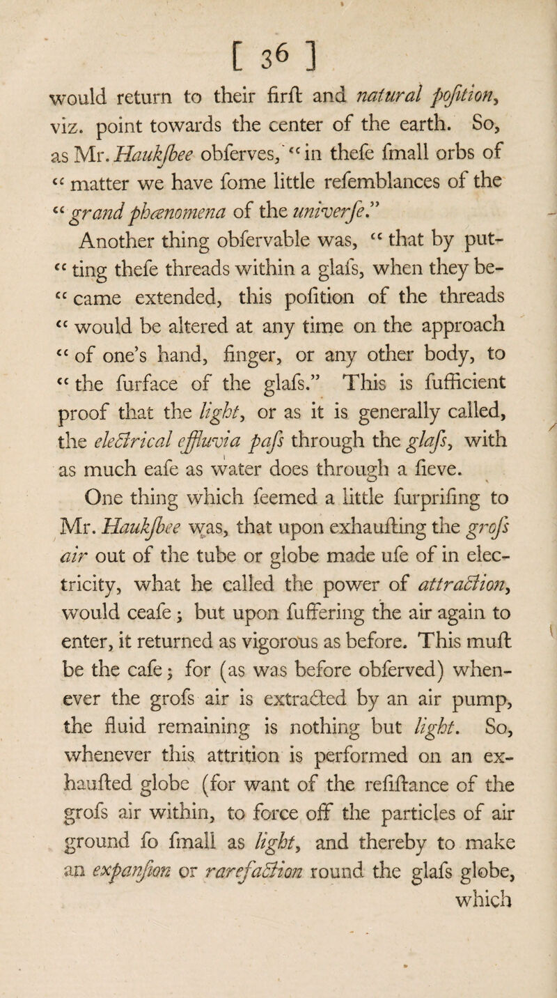 % [ 36 ] would return to their firft and natural pojition, viz. point towards the center of the earth. So, as Mr. Haukfbee obfervesfcc in thefe fmall orbs of m/ cc matter we have fome little refemblances of the cc grand phenomena of the umverfe” Another thing obfervable was, cc that by put- cc ting thefe threads within a glafs, when they be- cc came extended, this pofition of the threads cc would be altered at any time on the approach “ of one’s hand, finger, or any other body, to cc the furface of the glafs.” This is fufficient proof that the light, or as it is generally called, the electrical effluvia pafs through the glafs, with as much eafe as water does through a fieve. O V One thing which feemed a little furprifing to Mr. Haukfbee was, that upon exhaufling the grofs air out of the tube or globe made ufe of in elec¬ tricity, what he called the power of attraction, would ceafe; but upon differing the air again to enter, it returned as vigorous as before. This muff be the cafe; for (as was before obferved) when¬ ever the grofs air is extracted by an air pump, the fluid remaining is nothing but light. So, whenever this attrition is performed on an ex- haufted globe (for want of the refiftance of the grofs air within, to force off the particles of air ground fo fmall as light, and thereby to make an expanfion or rarefaction round the glafs globe, which