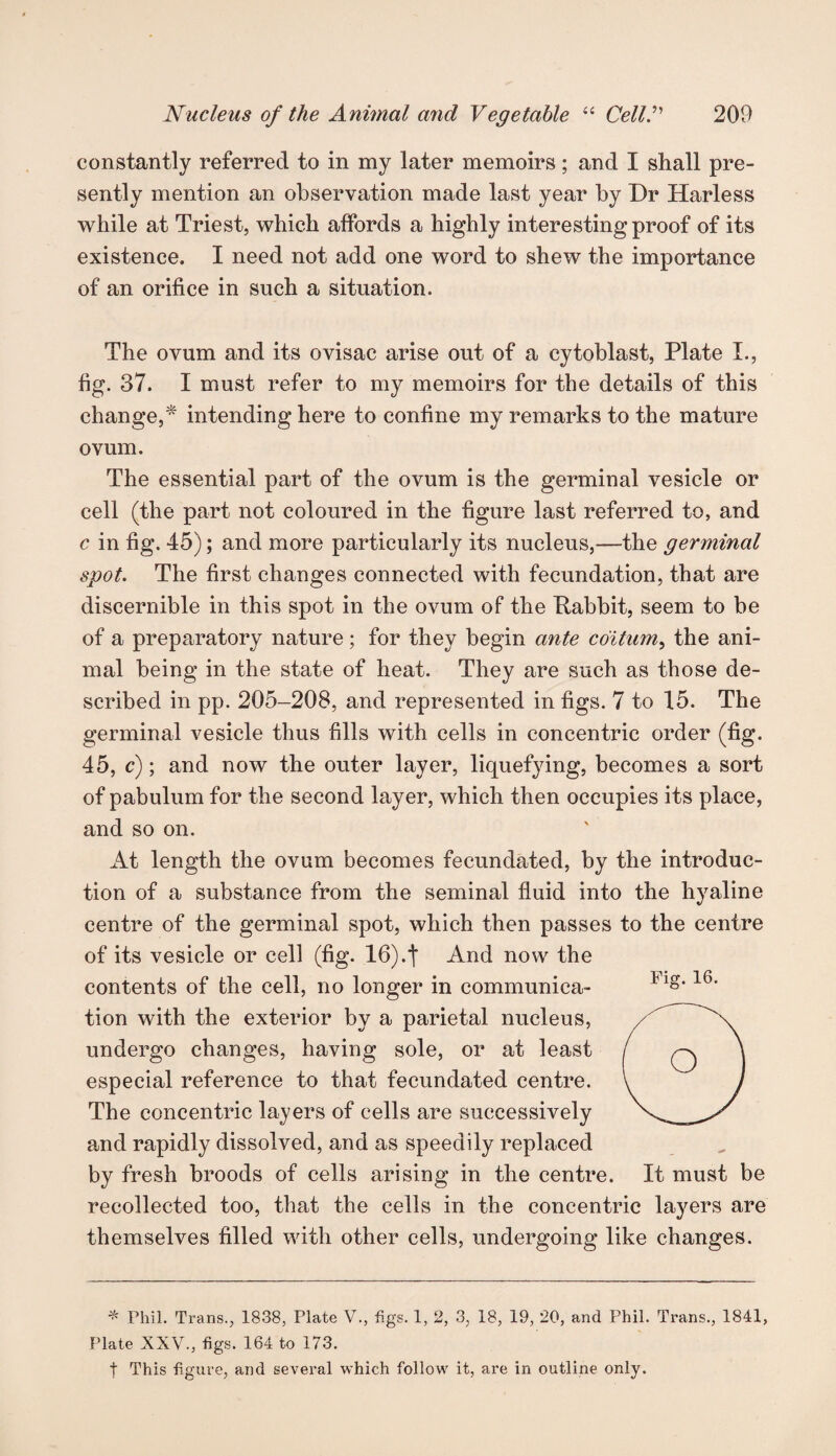 constantly referred to in my later memoirs; and I shall pre¬ sently mention an observation made last year by Dr Harless while at Triest, which affords a highly interesting proof of its existence. I need not add one word to shew the importance of an orifice in such a situation. The ovum and its ovisac arise out of a cytoblast, Plate I., fig. 37. I must refer to my memoirs for the details of this change,* intending here to confine my remarks to the mature ovum. The essential part of the ovum is the germinal vesicle or cell (the part not coloured in the figure last referred to, and c in fig. 45); and more particularly its nucleus,—the germinal spot. The first changes connected with fecundation, that are discernible in this spot in the ovum of the Rabbit, seem to be of a preparatory nature; for they begin ante co'itiim, the ani¬ mal being in the state of heat. They are such as those de¬ scribed in pp. 205-208, and represented in figs. 7 to 15. The germinal vesicle thus fills with cells in concentric order (fig. 45, c); and now the outer layer, liquefying, becomes a sort of pabulum for the second layer, which then occupies its place, and so on. At length the ovum becomes fecundated, by the introduc¬ tion of a substance from the seminal fluid into the hyaline centre of the germinal spot, which then passes to the centre of its vesicle or cell (fig. 16).f And now the contents of the cell, no longer in communica¬ tion with the exterior by a parietal nucleus, undergo changes, having sole, or at least especial reference to that fecundated centre. The concentric layers of cells are successively and rapidly dissolved, and as speedily replaced by fresh broods of cells arising in the centre. It must be recollected too, that the cells in the concentric layers are themselves filled with other cells, undergoing like changes. Fig. 16. * Phil. Trans., 1838, Plate V., figs. 1, 2, 3, 18, 19, 20, and Phil. Trans., 1841, Plate XXV., figs. 164 to 173. t This figure, and several which follow it, are in outline only.