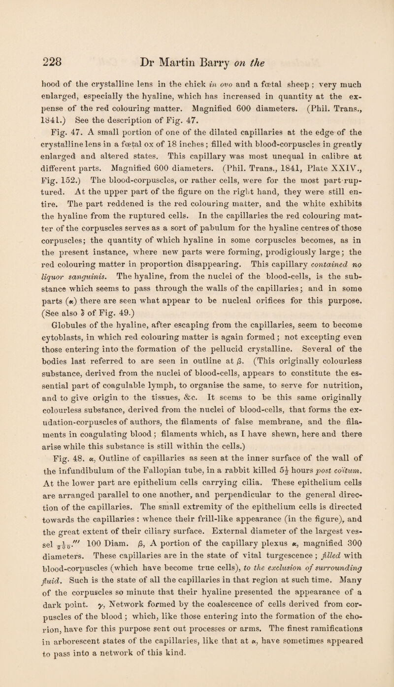 hood of the crystalline lens in the chick in ovo and a foetal sheep ; very much enlarged, especially the hyaline, which has increased in quantity at the ex¬ pense of the red colouring matter. Magnified 600 diameters. (Phil. Trans., 1841.) See the description of Fig. 47. Fig. 47. A small portion of one of the dilated capillaries at the edge of the crystalline lens in a foetal ox of 18 inches ; filled with blood-corpuscles in greatly enlarged and altered states. This capillary was most unequal in calibre at different parts. Magnified 600 diameters. (Phil. Trans., 1841, Plate XXIV., Fig. 152.) The blood-corpuscles, or rather cells, were for the most part rup¬ tured. At the upper part of the figure on the right hand, they were still en¬ tire. The part reddened is the red colouring matter, and the white exhibits the hyaline from the ruptured cells. In the capillaries the red colouring mat¬ ter of the corpuscles serves as a sort of pabulum for the hyaline centres of those corpuscles; the quantity of which hyaline in some corpuscles becomes, as in the present instance, where new parts were forming, prodigiously large; the red colouring matter in proportion disappearing. This capillary contained no liquor sanguinis. The hyaline, from the nuclei of the blood-cells, is the sub¬ stance which seems to pass through the walls of the capillaries; and in some parts (*) there are seen what appear to be nucleal orifices for this purpose. (See also S of Fig. 49.) Globules of the hyaline, after escaping from the capillaries, seem to become cytoblasts, in which red colouring matter is again formed; not excepting even those entering into the formation of the pellucid crystalline. Several of the bodies last referred to are seen in outline at /3. (This originally colourless substance, derived from the nuclei of blood-cells, appears to constitute the es¬ sential part of coagulable lymph, to organise the same, to serve for nutrition, and to give origin to the tissues, &c. It seems to be this same originally colourless substance, derived from the nuclei of blood-cells, that forms the ex¬ udation-corpuscles of authors, the filaments of false membrane, and the fila¬ ments in coagulating blood ; filaments which, as I have shewn, here and there arise while this substance is still within the cells.) Fig. 48. «, Outline of capillaries as seen at the inner surface of the wall of the infundibulum of the Fallopian tube, in a rabbit killed 5J hours post co'itum. At the lower part are epithelium cells carrying cilia. These epithelium cells are arranged parallel to one another, and perpendicular to the general direc¬ tion of the capillaries. The small extremity of the epithelium cells is directed towards the capillaries : whence their frill-like appearance (in the figure), and the great extent of their ciliary surface. External diameter of the largest ves¬ sel 100 Diam. /3, A portion of the capillary plexus «, magnified 300 diameters. These capillaries are in the state of vital turgescence ; filled with blood-corpuscles (which have become true cells), to the exclusion of surrounding fluid. Such is the state of all the capillaries in that region at such time. Many of the corpuscles so minute that their hyaline presented the appearance of a dark point, y, Network formed by the coalescence of cells derived from cor¬ puscles of the blood ; which, like those entering into the formation of the cho¬ rion, have for this purpose sent out processes or arms. The finest ramifications in arborescent states of the capillaries, like that at «, have sometimes appeared to pass into a network of this kind.