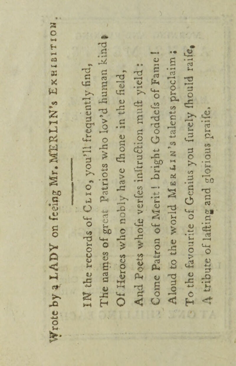 Wrote by a LADY on feeing Mr. MERLIN'S Exhibition, -d CJ • • 'm • • CJ fi Tl C £ 2* Tl £ C3 C3 LC2 4-J C tu g 5 -C ij tC (U .n ■*-> O' • »-4 >% PL o 02 U O J-. CL CO 4J 3 tr > O c • H S nd rd c <u r—1 <u •—i £ o c3 ci: ■» * o one O 5 O 4-J CO a £ W 4-» O . u cS 3 U bO »-« o >> <u > fS 2 • H • r*« 2 J a! Id o a-* x CO v—i u rO Ph >, , <U 4-i • *4 u 2 O ■w 2 0) > <L> V-H 2 rt o Tl o o c U-4 c U) So c c O £ hG &M c o I-* $ r* ? G O o _C u S £■ a o </3 CO 4-4 w <u fij *c AJ <u O C <U K 4-0 <L> O CL, nG G CL, o 6 O -*-i -o 3 C ►H ~g H 0 r* < o < To the favourite of Genius you furely fhould raife, A tribute of lafting and glorious praife.