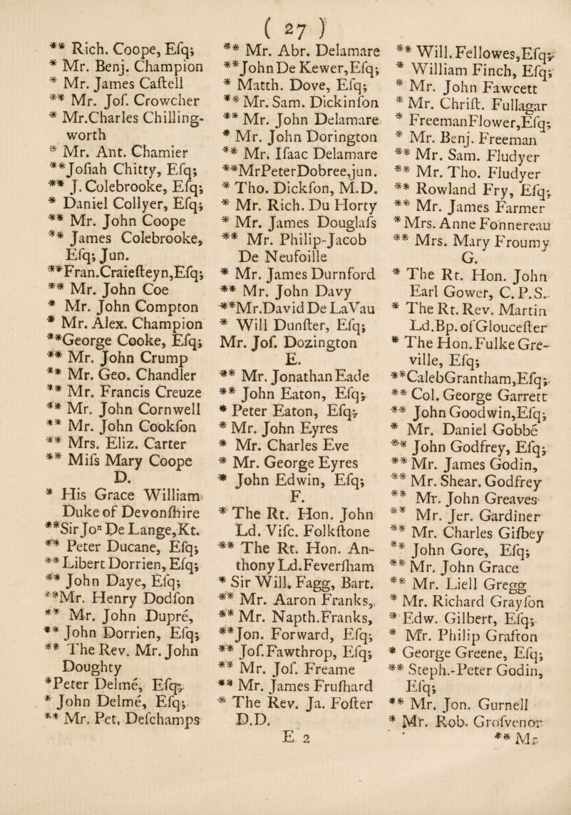 ** Rich. Coope, Efq; * Mr. Benj. Champion * Mr. James Caftell ** Mr. Jof. Crowcher * Mr.Charles Chilling- worth * Mr. Ant. Chamier **Jofiah Chitty, Efq; ** J. Colebrooke, Efq; * Daniel Collyer, Efq; ** Mr. John Coope ** James Colebrooke, Efq;Jun. **Fran.Craiefteyn,Efq; ** Mr. John Coe * Mr. John Compton * Mr. Alex. Champion **George Cooke, Efq; ** Mr. John Crump ** Mr. Geo. Chandler ** Mr. Francis Creuze ** Mr. John Cornwell ** Mr. John Cookfon ** Mrs. Eliz. Carter ** Mifs Mary Coope D. * Flis Grace William Duke of Devonffrire **Sir Jon De Lange,Kt. ** Peter Ducane, Efq; ** Libert Dorrien, Efq; ** John Daye, Efq; **Mr. Henry Dodfon ** Mr. John Dupre, ** John Dorrien, Efq; ** The Rev. Mr. John Doughty * Peter Del me, Efq;; * John Del me, Efq; m' Mr. Pet, Defchamps ( 27 ) ** Mr. Abr. Delamare **JohnDe Kewer,Efq; * Matth. Dove, Efq; ** Mr. Sam. Dickinfon ** Mr. John Delamare * Mr. John Dorington ** Mr. Ifaac Delamare **MrPeterDobree,jun. * Tho. Dickfon, M.D. * Mr. Rich. Du Horty * Mr. James Douglafs ** Mr. Philip-Jacob De Neufoille * Mr. James Durnford ** Mr. John Davy **Mr.David De LaVau * Will Dunfter, Efq; Mr. Jof. Dozington E. ** Mr. Jonathan Eade John Eaton, Efq; * Peter Eaton, Efq; * Mr. John Eyres * Mr. Charles Eve * Mr. George Eyres * T°hn Edwin, Efq; F. * The Rt. Hon. John Ld. Vifc. Folkftone ** The Rt. Hon. An¬ thony Ld.Feverfham * Sir Will. Fagg, Bart. Mr. Aaron Franks,, ** Mr. Napth.Franks, **Jon. Forward, Efq; ** Jof.Fawthrop, Efq; ** Mr. Jof. Freame ** Mr. James Frufhard * The Rev. Ja. Fofler D.D, Will. Fellowes,Efq;* * William Finch, Efq; f Mr. John Fawcett ^ Mr. Chrift. Fullagar * Freeman Flower,Efq; * Mr. Benj. Freeman ** Mr. Sam. Fludyer ** Mr. Tho. Fludyer ** Rowland Fry, Efq; ** Mr. James Farmer * Mrs. Anne Fonnereau « Mrs. MaryFroumy * The Rt. Hon. John Earl Gower, C. P.S.- * The Rt. Rev. Martin Ld.Bp. ofGloucefter * The Hon.FulkeGre- ville, Efq; **CaIebGrantham,Efq;, ** Col. George Garrett ** John Goodwin,Efq; * Mr. Daniel Gobbe ** John Godfrey, Efq; **Mr. James Godin, ** Mr. Shear. Godfrey ** Mr. John Greaves ** Mr. Jer. Gardiner ** Mr. Charles Gifbey ** John Gore, Efq; ** Mr. John Grace ** Mr. Liell Gregg * Mr. Richard Grayfon *:Edw. Gilbert, Efq; * Mr. Philip Grafton * George Greene, Efq; ** Steph.-Peter Godin, Efq; ** Mr. Jon. Gurnell * Mr, Rob. Grofvenor